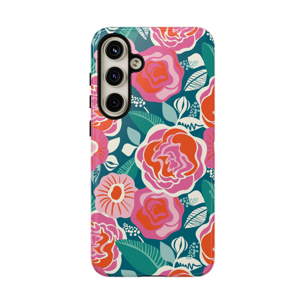 Luxury Tea Rose Teal Samsung Galaxy S24 Plus Case – Glossy | teal, coral, pink botanical rose floral print