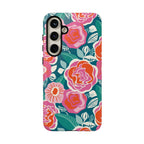 Luxury Tea Rose Teal Samsung Galaxy S24 Plus Case – Glossy | teal, coral, pink botanical rose floral print