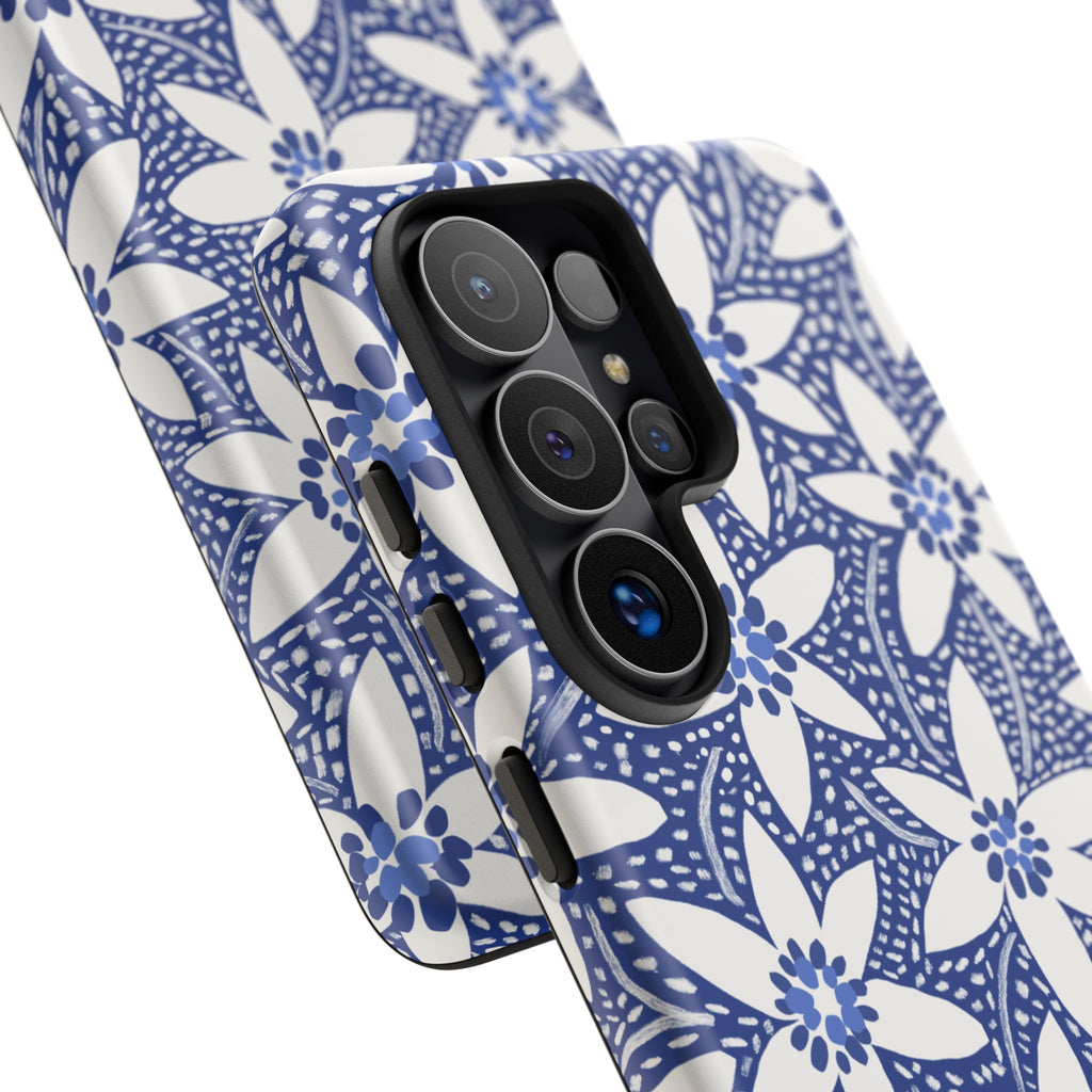 Starflower Samsung Galaxy S26 Ultra Case – matte finish - close-up of 5-lens camera cut out and buttons on side of case in navy and white geometric flower print