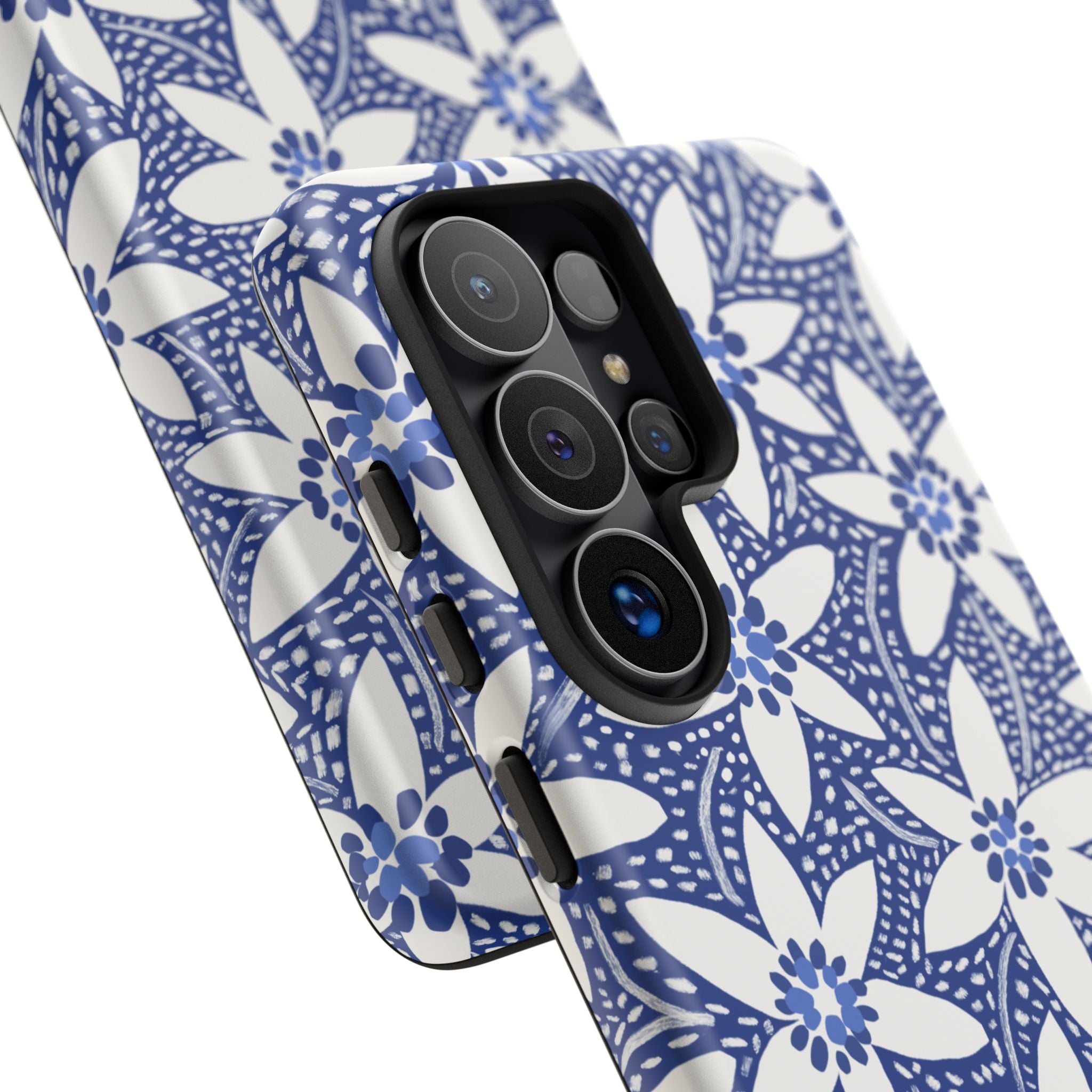 Starflower Samsung Galaxy S26 Ultra Case – matte finish - close-up of 5-lens camera cut out and buttons on side of case in navy and white geometric flower print