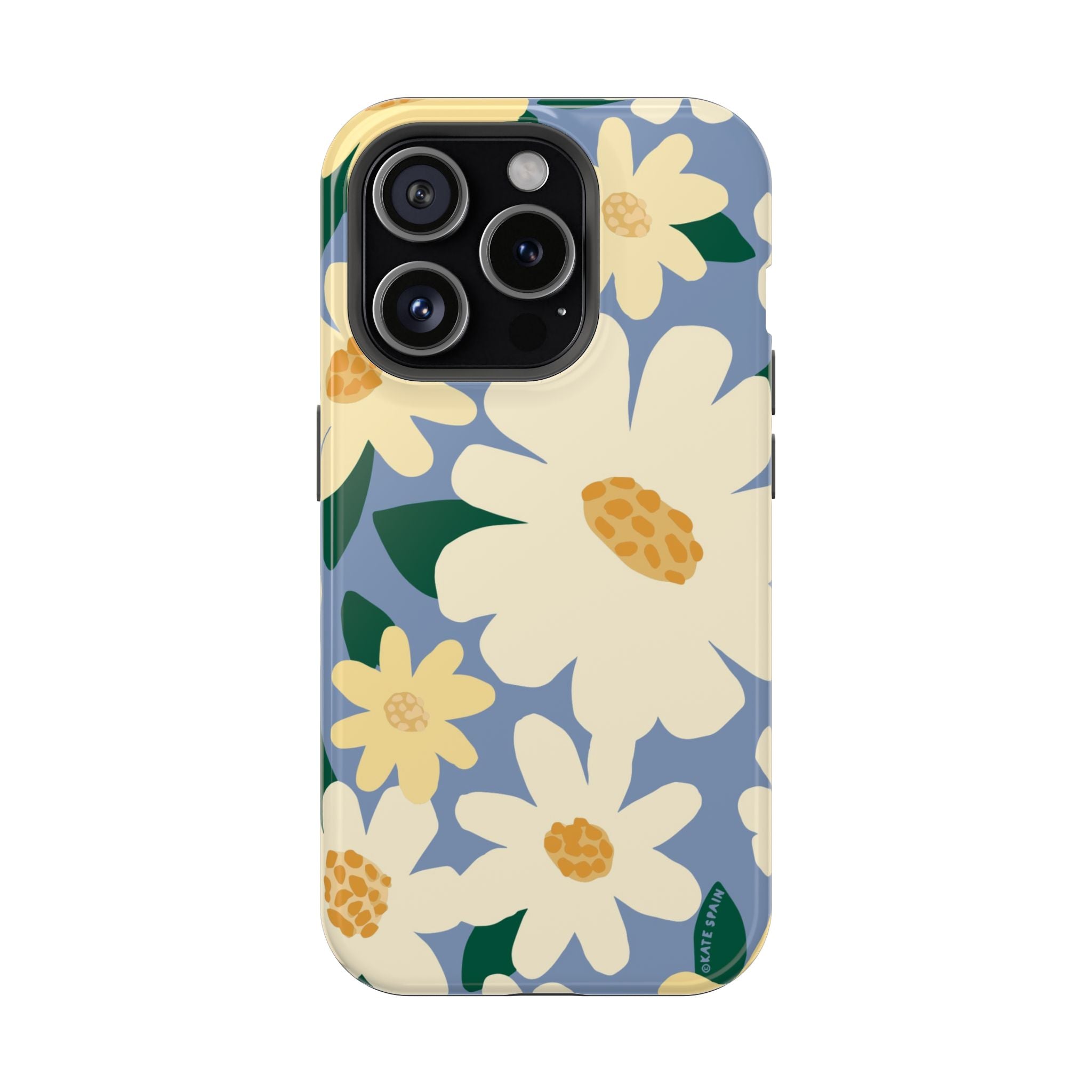 Chamomile MagSafe iPhone 15 Pro Case – Glossy | periwinkle, cream, yellow botanical daisy floral print MagSafe compatible, dual-layer protection