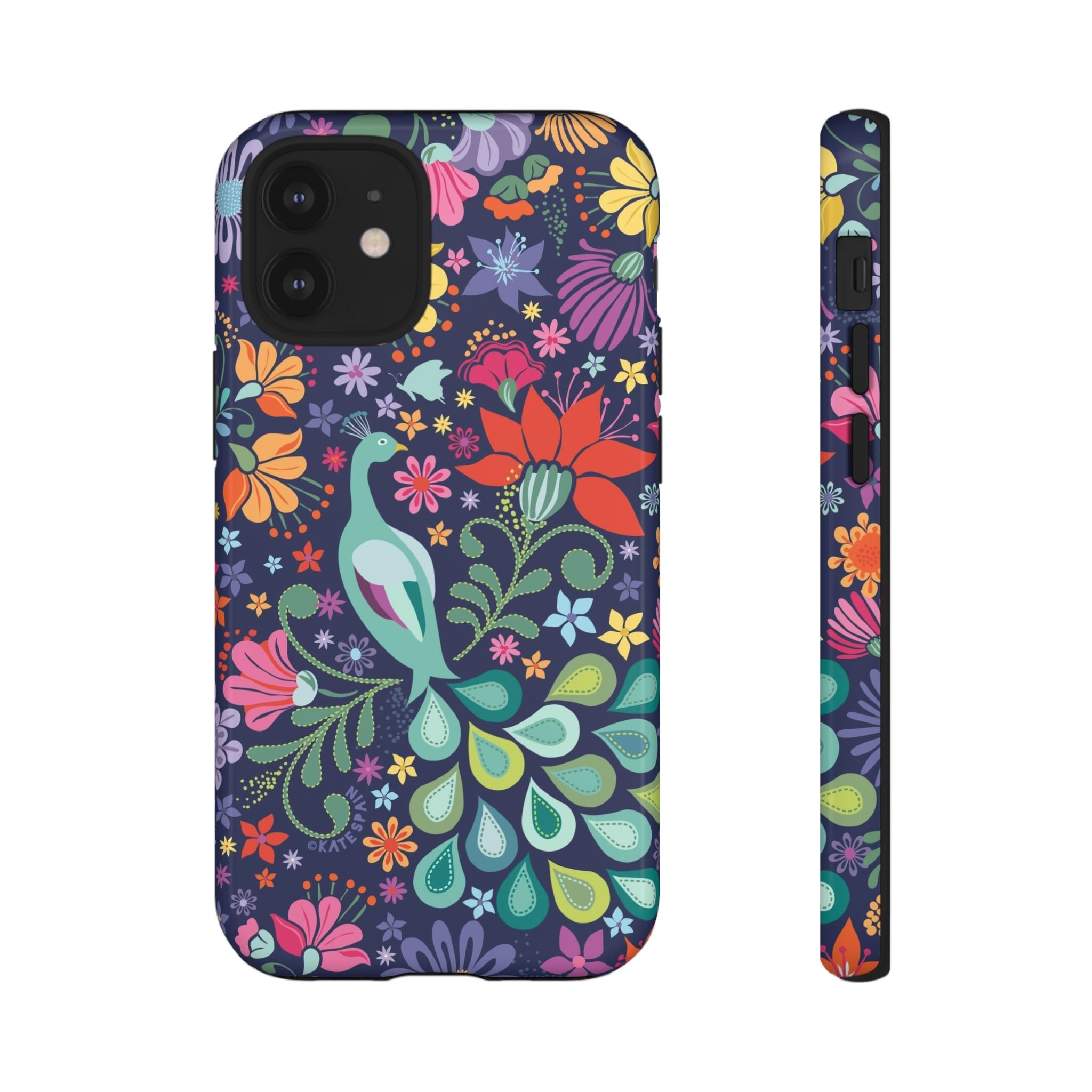 Peacock Sanctuary Tough iPhone 12 Mini Case – Glossy | navy, teal, coral multicolor vibrant peacock feather botanical print