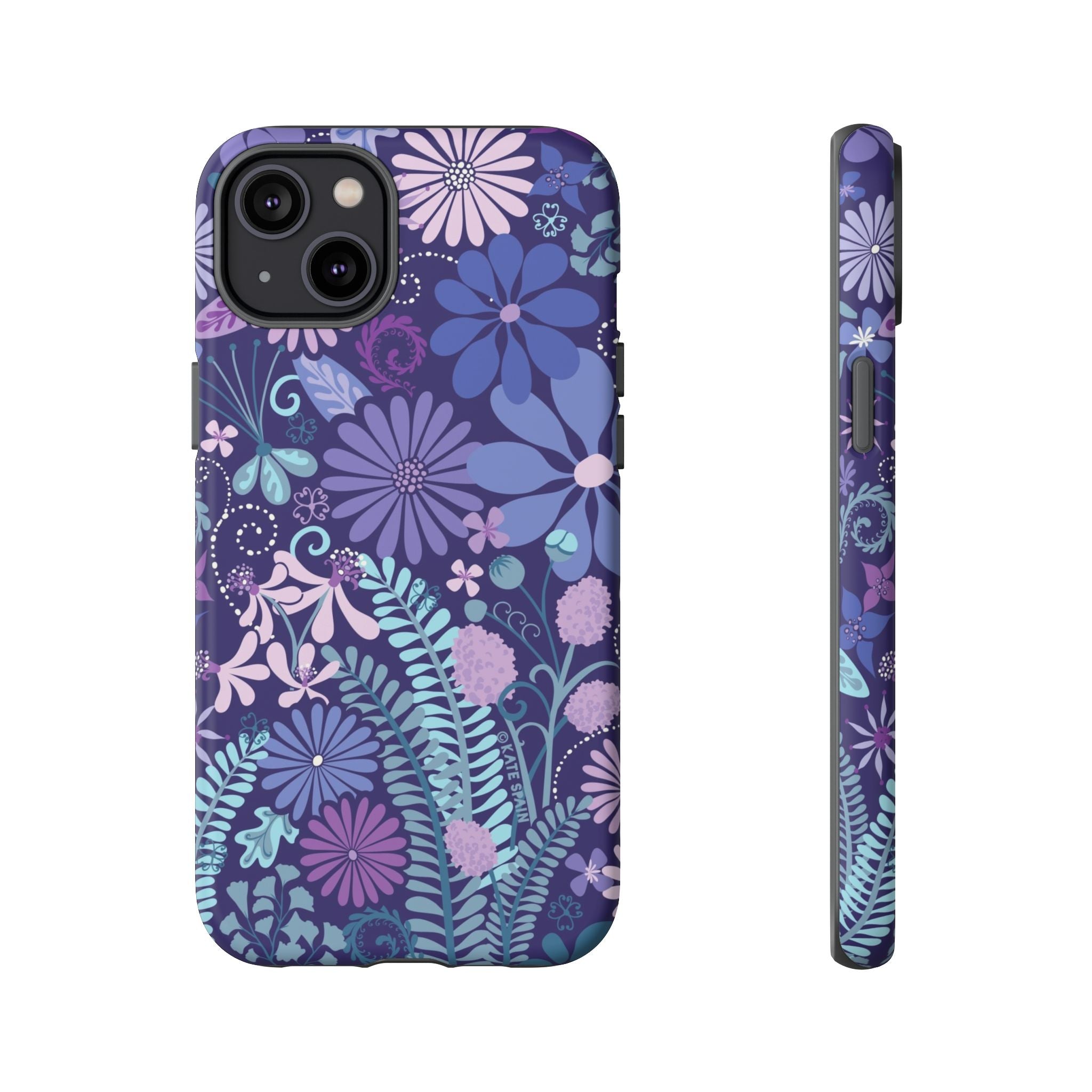 Luxury Terrain Tough iPhone 14 Plus Case – Matte | navy, purple, aqua botanical woodland floral print