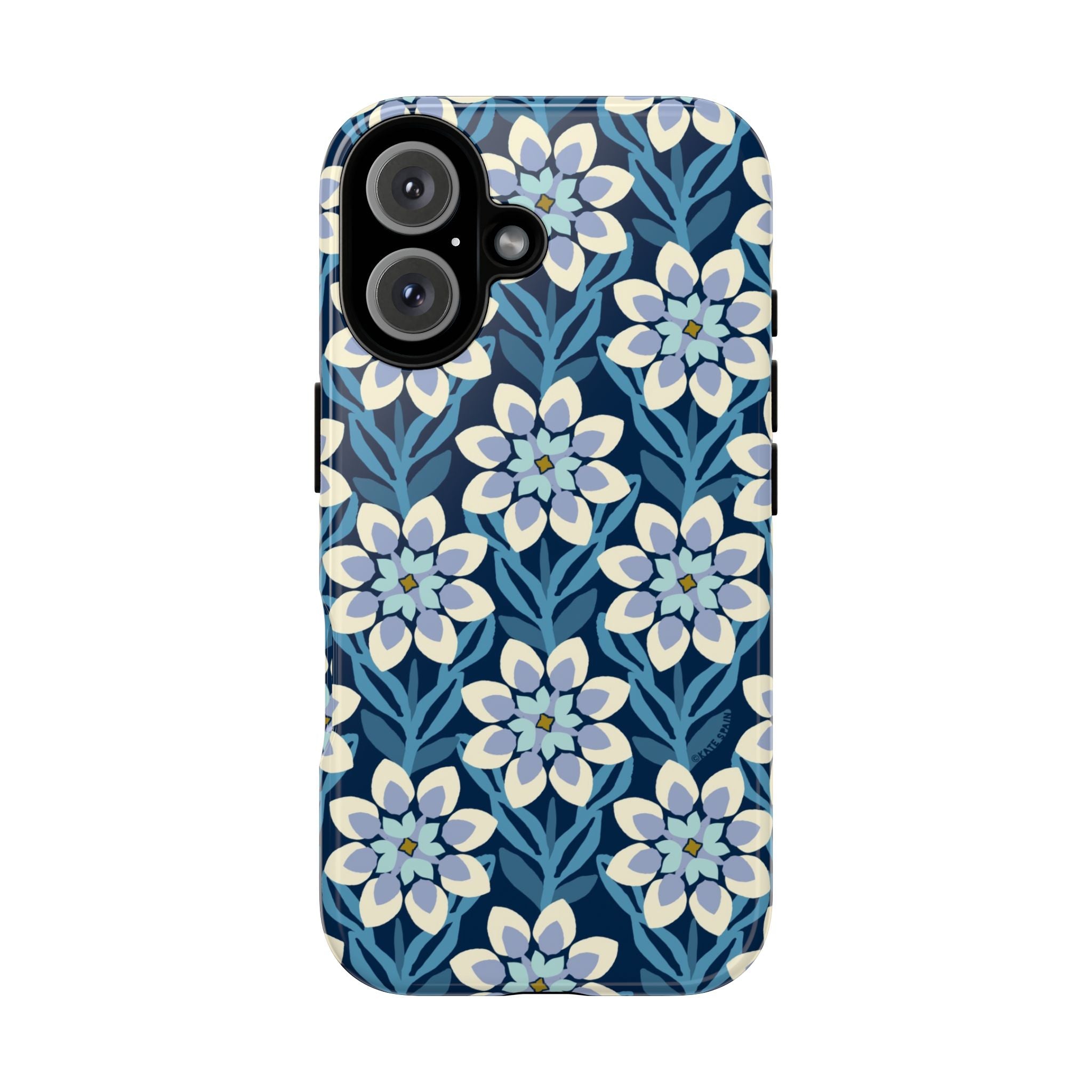 Designer Modern Dahlia Tough iPhone 16 Case – Glossy | navy, cobalt, white dahlia floral print