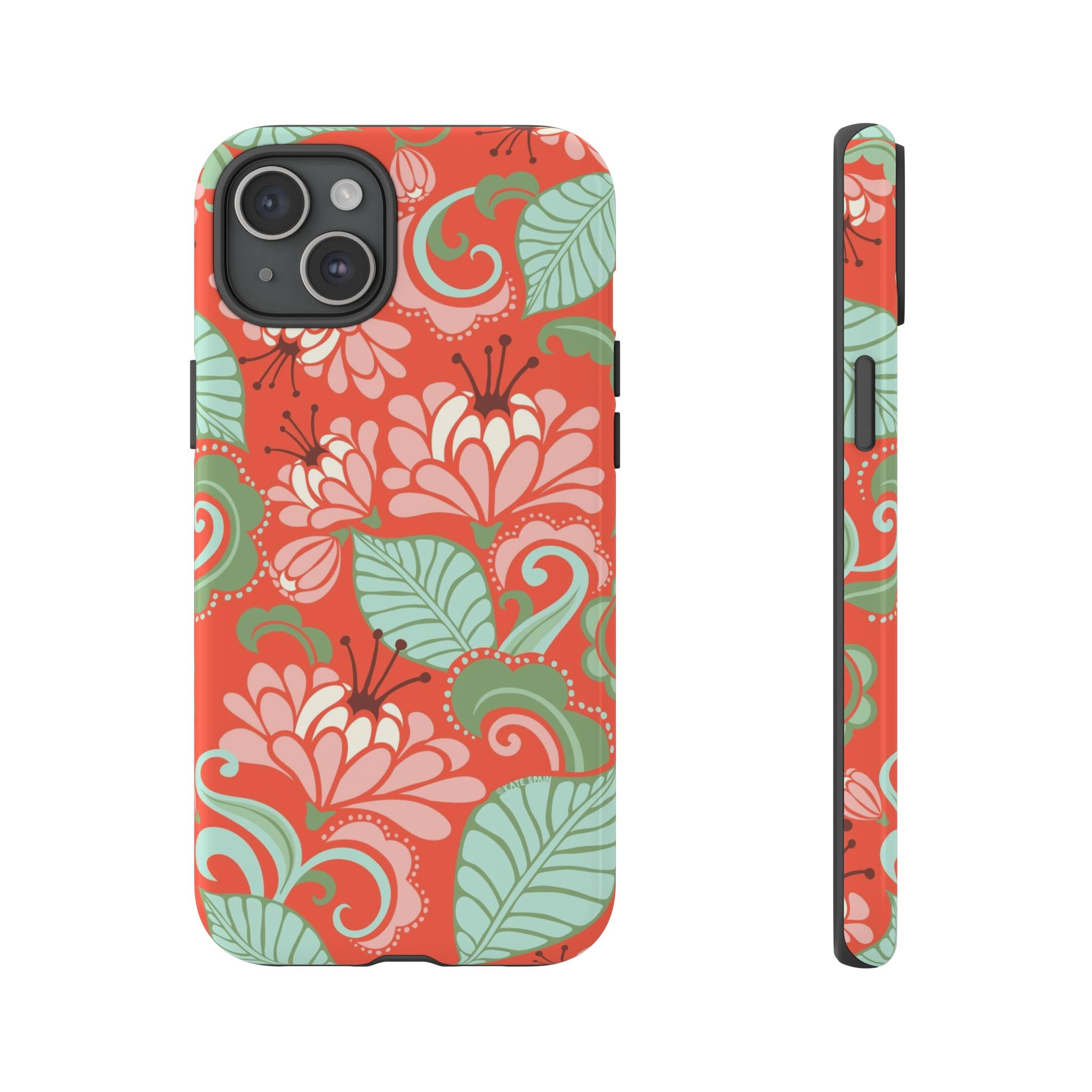 Sarabande Tough iPhone 15 Plus Case – Glossy | coral, pink, cream, green botanical floral print