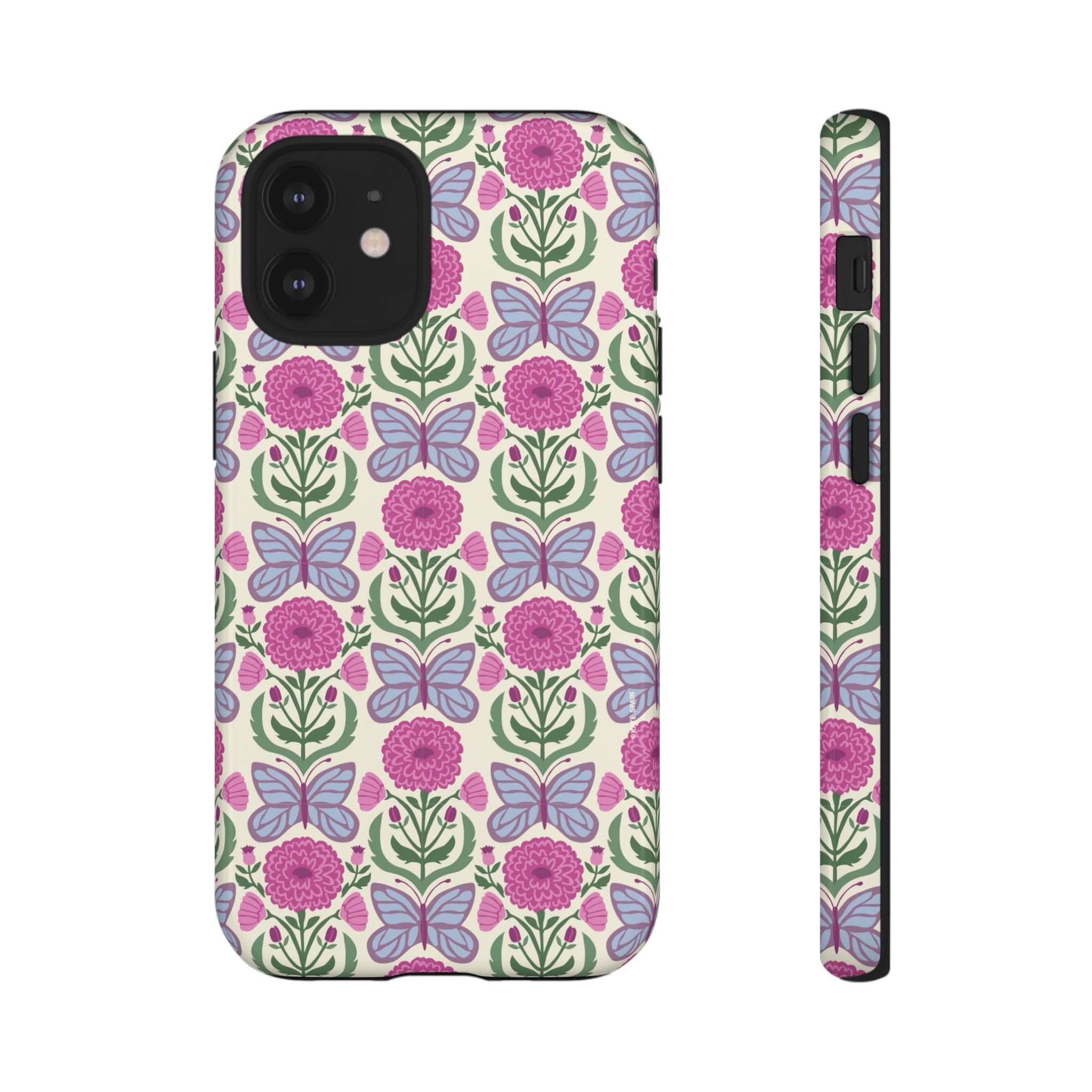 Butterfly Tough iPhone 12 Mini Case – Glossy | cream, magenta, periwinkle butterfly floral print
