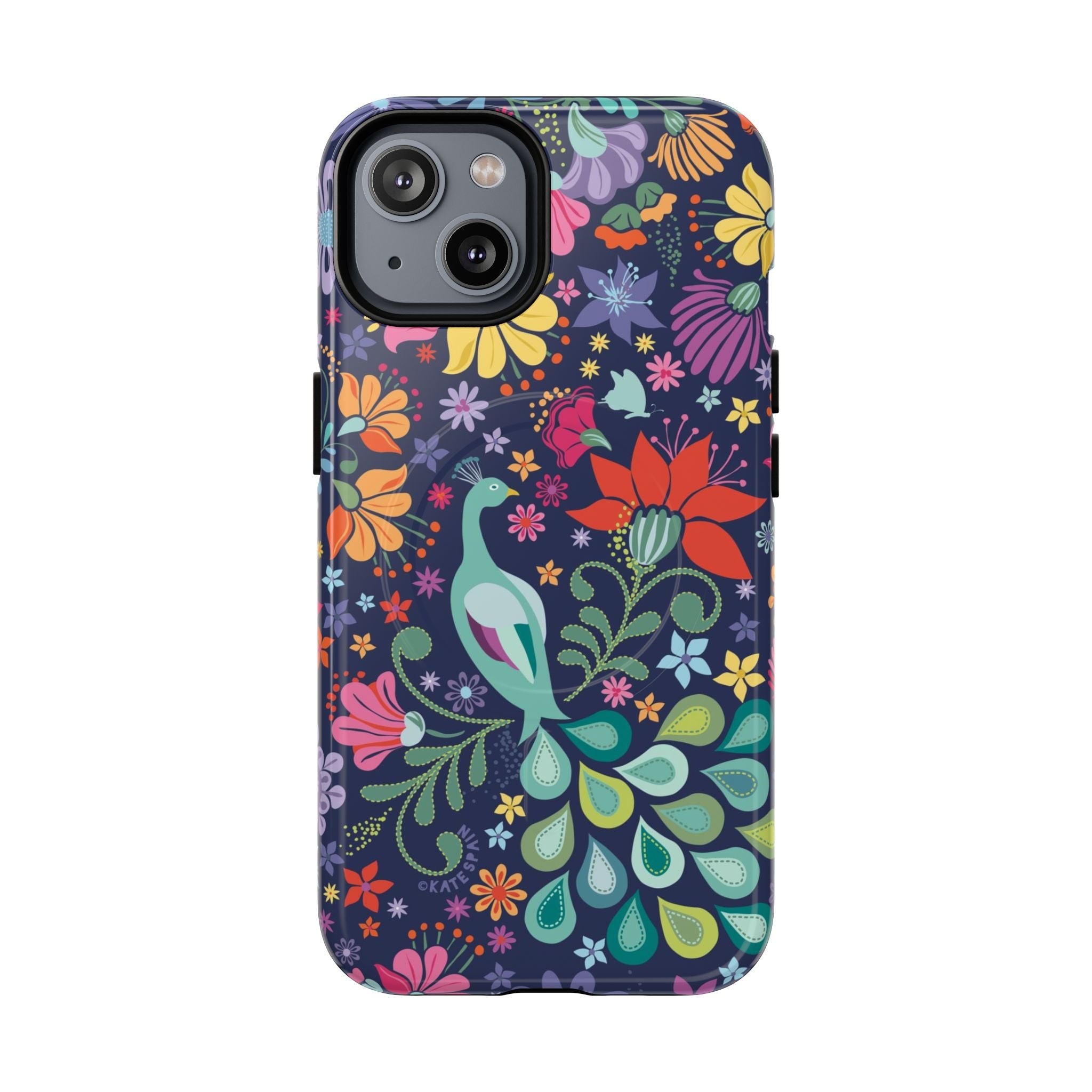 Peacock Sanctuary MagSafe iPhone 14 Case – Glossy | navy, teal, coral multicolor vibrant peacock feather botanical print