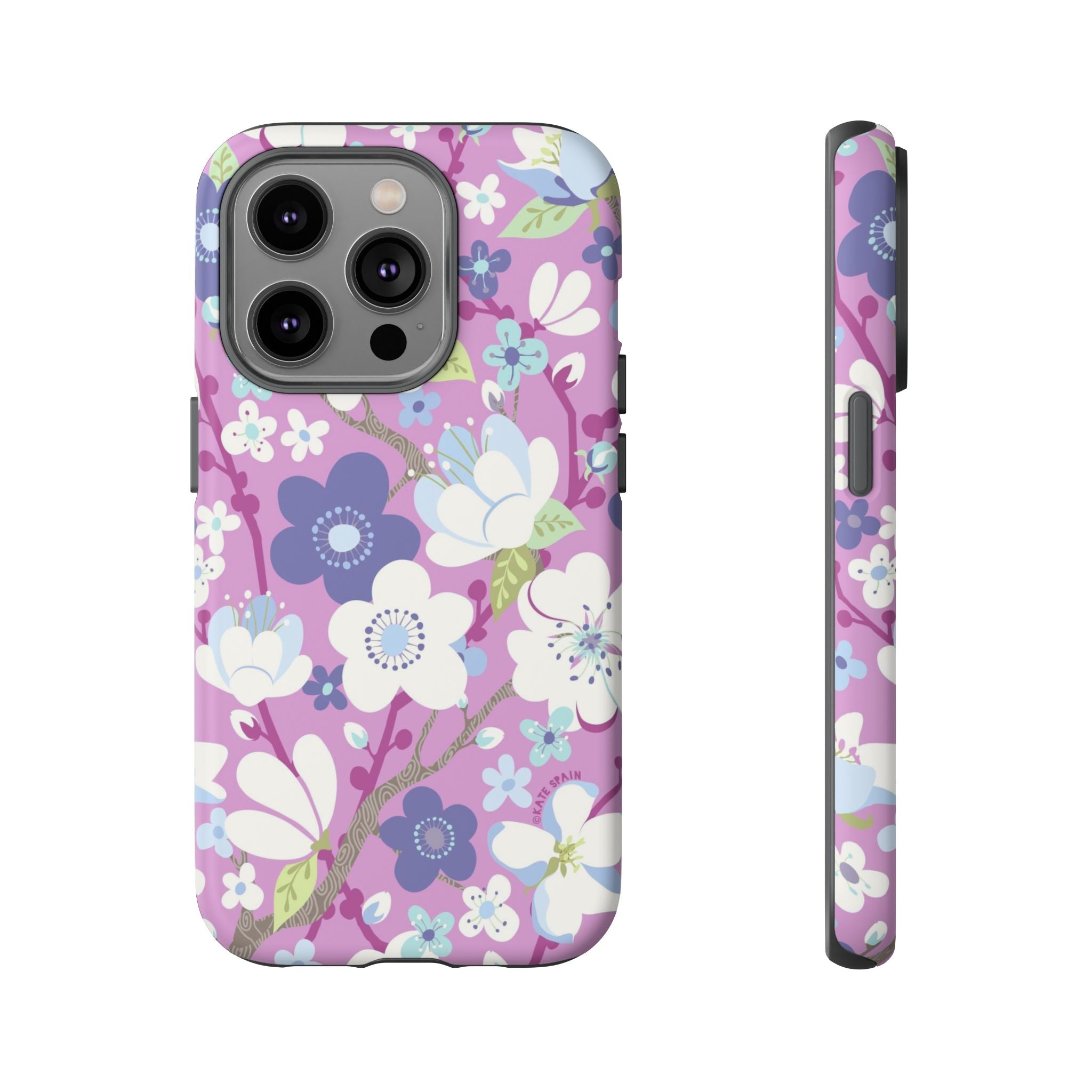 Luxury Cherry Blossom Tough iPhone 14 Pro Case – Matte | mauve, purple, blue, white cherry blossom print