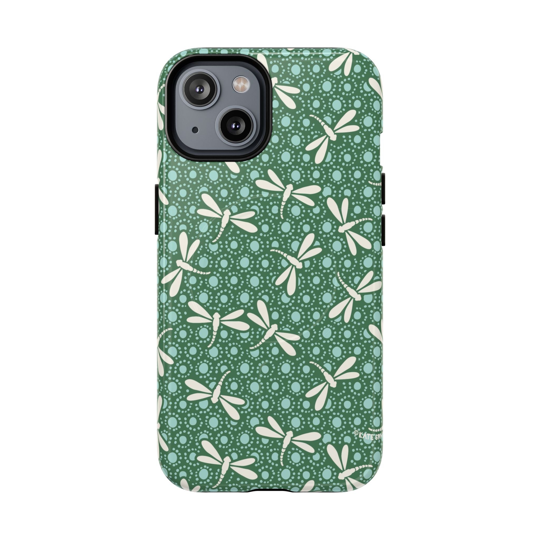 Designer Dragonfly MagSafe iPhone 14 Case – Glossy | jade green, aqua, cream dragonfly print