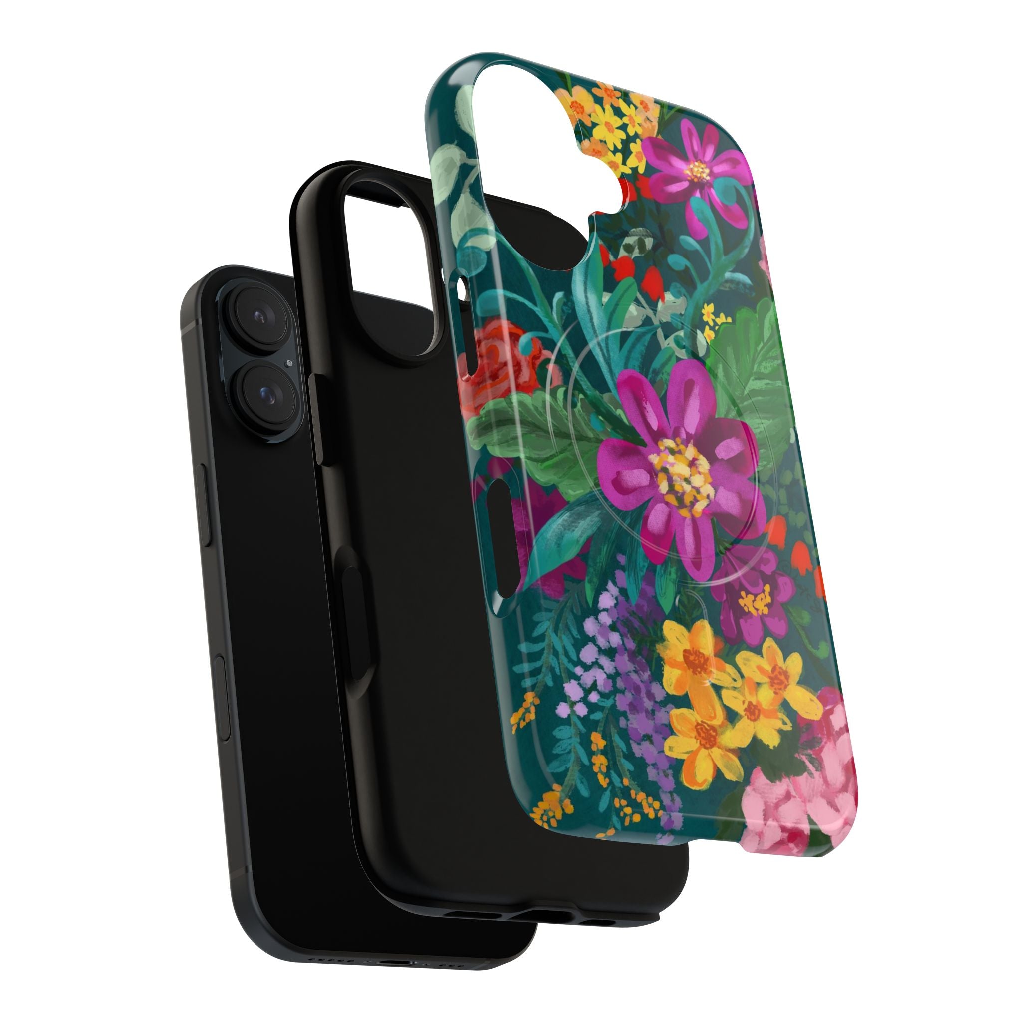 Posy MagSafe iPhone 17 Case – Dual-layered view of case and inner lining in front of phone, with view of camera cutout and buttons | teal, purple, magenta, yellow botanical wildflower print