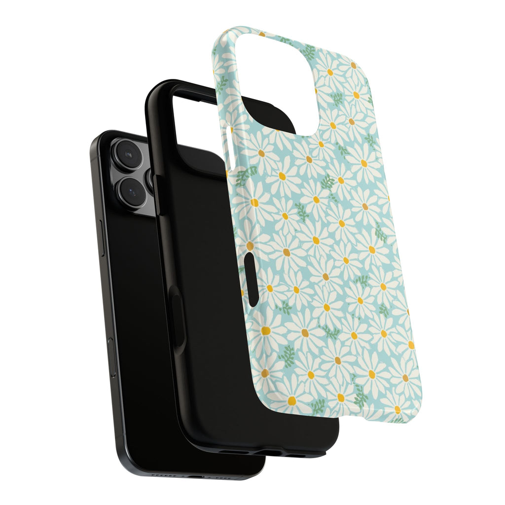 Daisies Tough iPhone 16 Pro Max Case – Dual-layered view of case and inner lining in front of phone, with view of camera cutout and buttons
