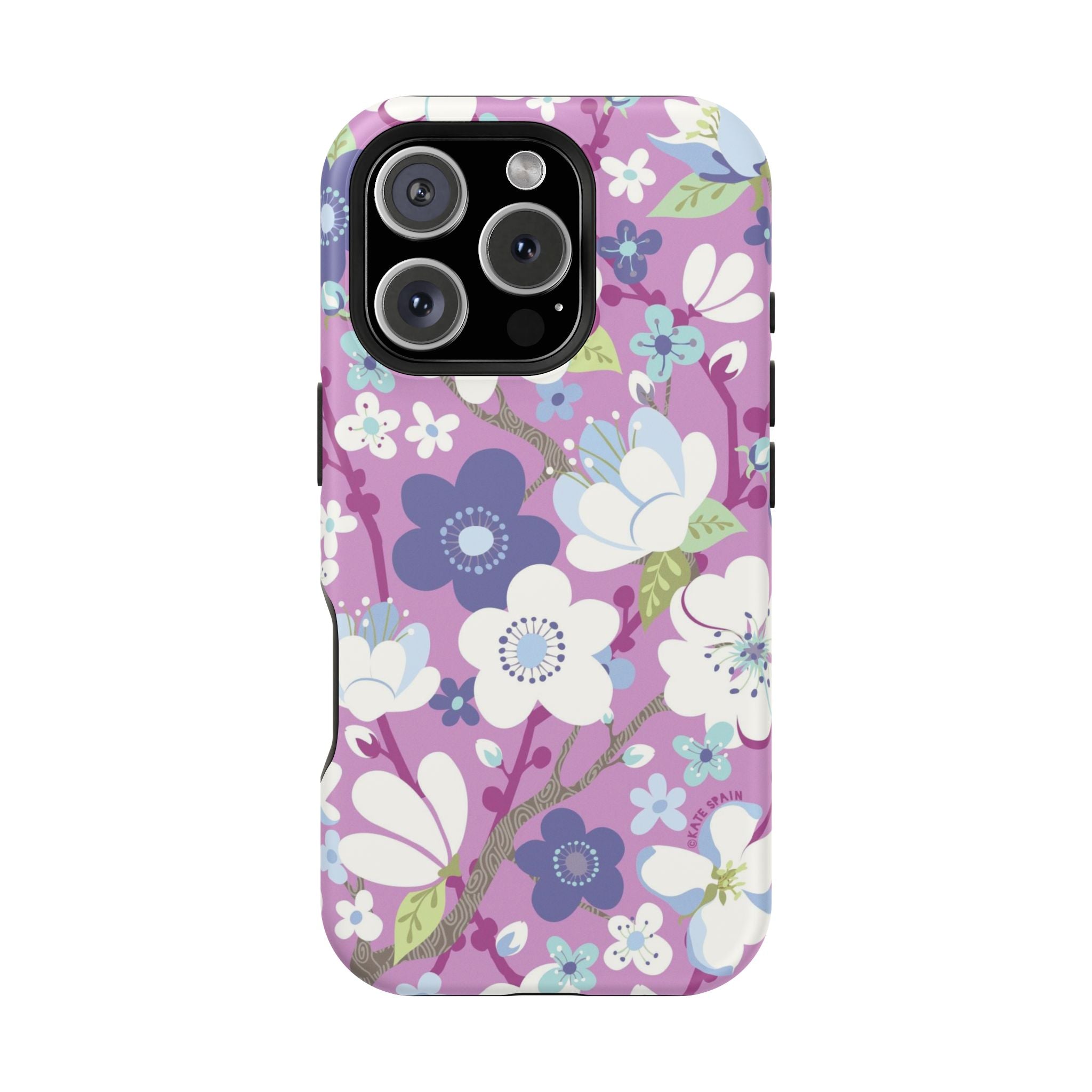 Luxury Cherry Blossom MagSafe iPhone 16 Pro Case – Glossy | mauve, purple, blue, white cherry blossom print