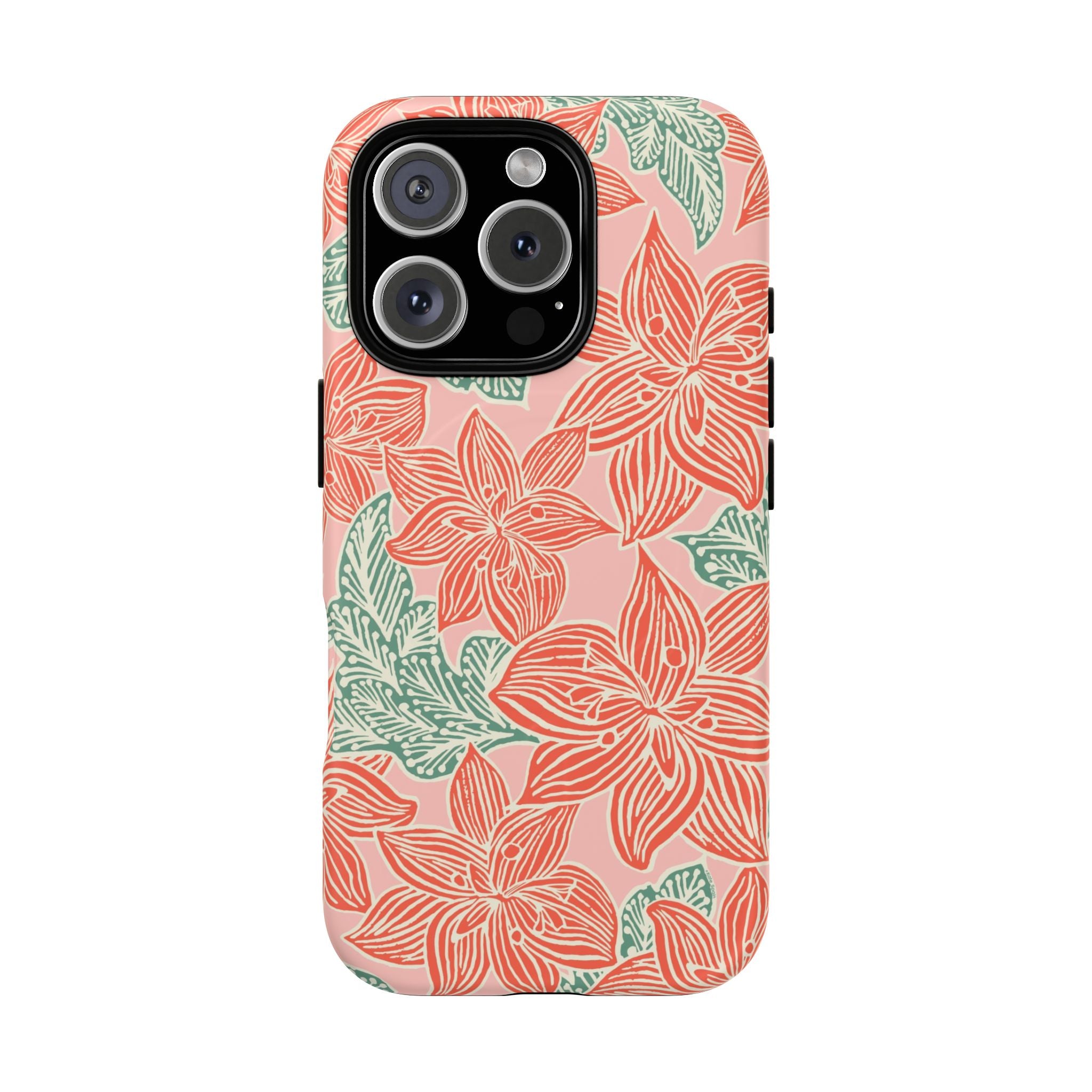 Hibiscus Coral MagSafe iPhone 16 Pro Matte Case — blush pink hard case with large-scale coral red hibiscus flowers and teal-green leaves in a bold botanical linework print, densely layered across the surface