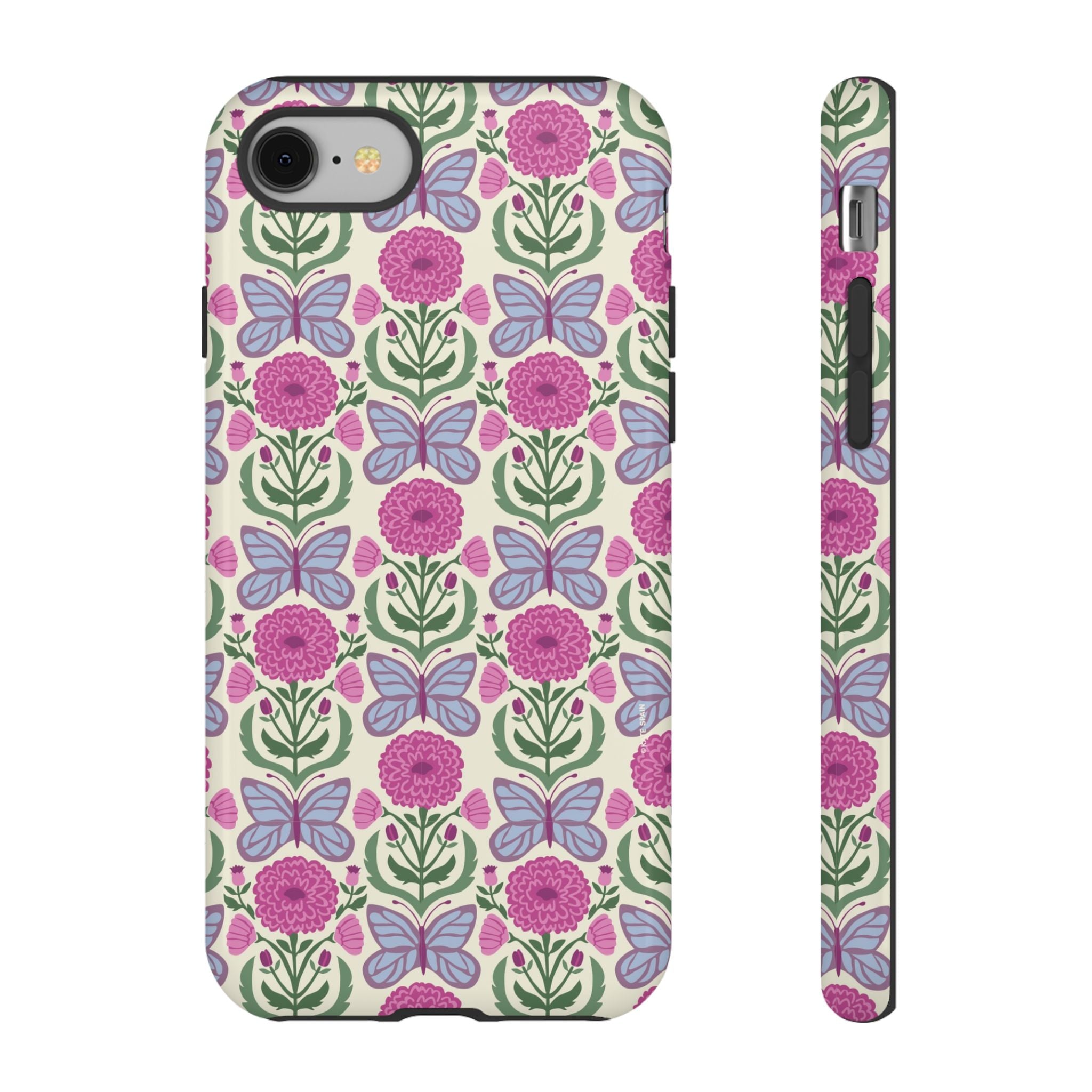 Butterfly Tough iPhone 8 Case – Glossy | cream, magenta, periwinkle butterfly floral print