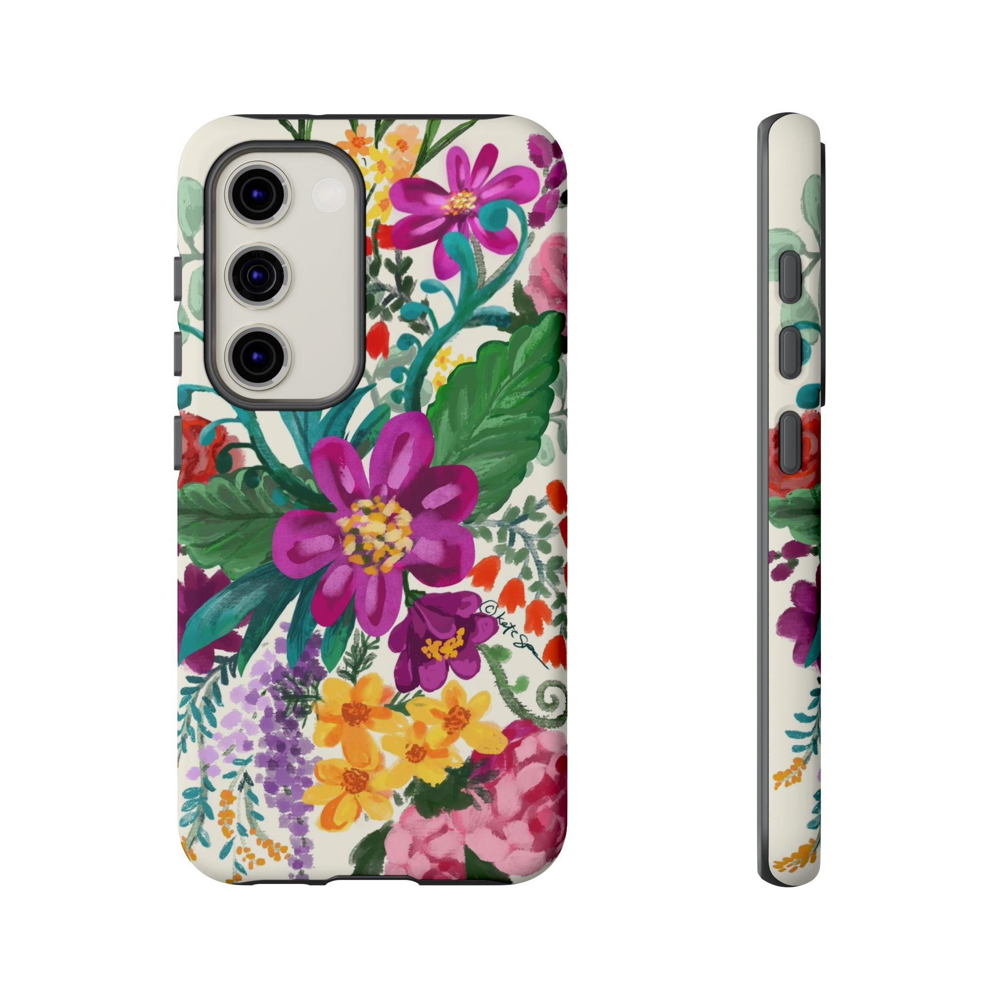 Tropical Posy Samsung Galaxy S23 Case – Matte | white, magenta, yellow, purple vibrant botanical floral print