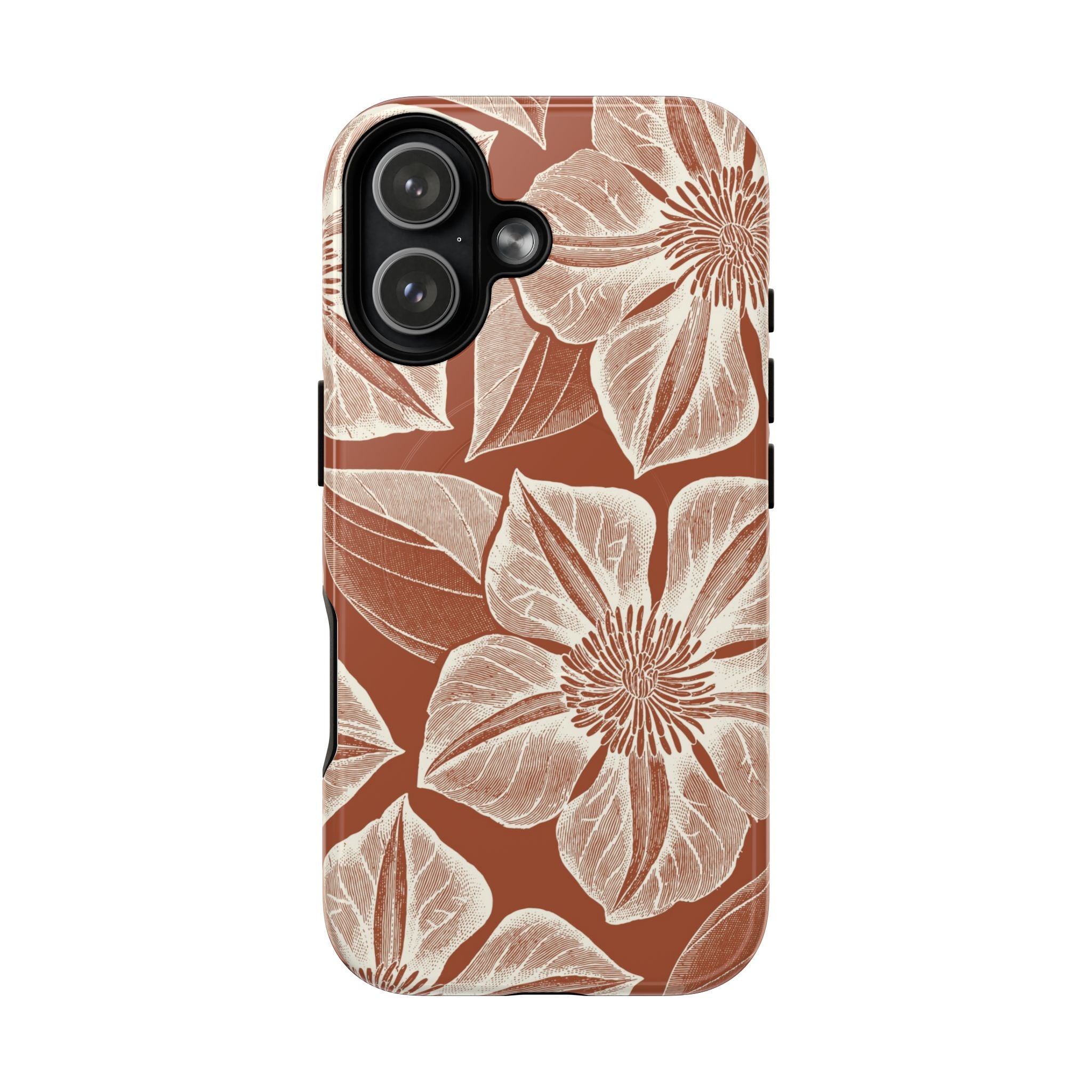 Vintage Bloom Sienna MagSafe iPhone 17  – Glossy | sienna ground, large-scale cream clematis print, engraved petal detail, dual-layer protection
