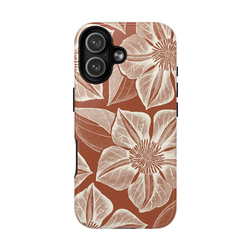 Vintage Bloom Sienna MagSafe iPhone 17  – Glossy | sienna ground, large-scale cream clematis print, engraved petal detail, dual-layer protection