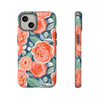 Tea Rose Navy Tough iPhone 14 Pro Case – Glossy | navy, coral, pink, cream rose floral print