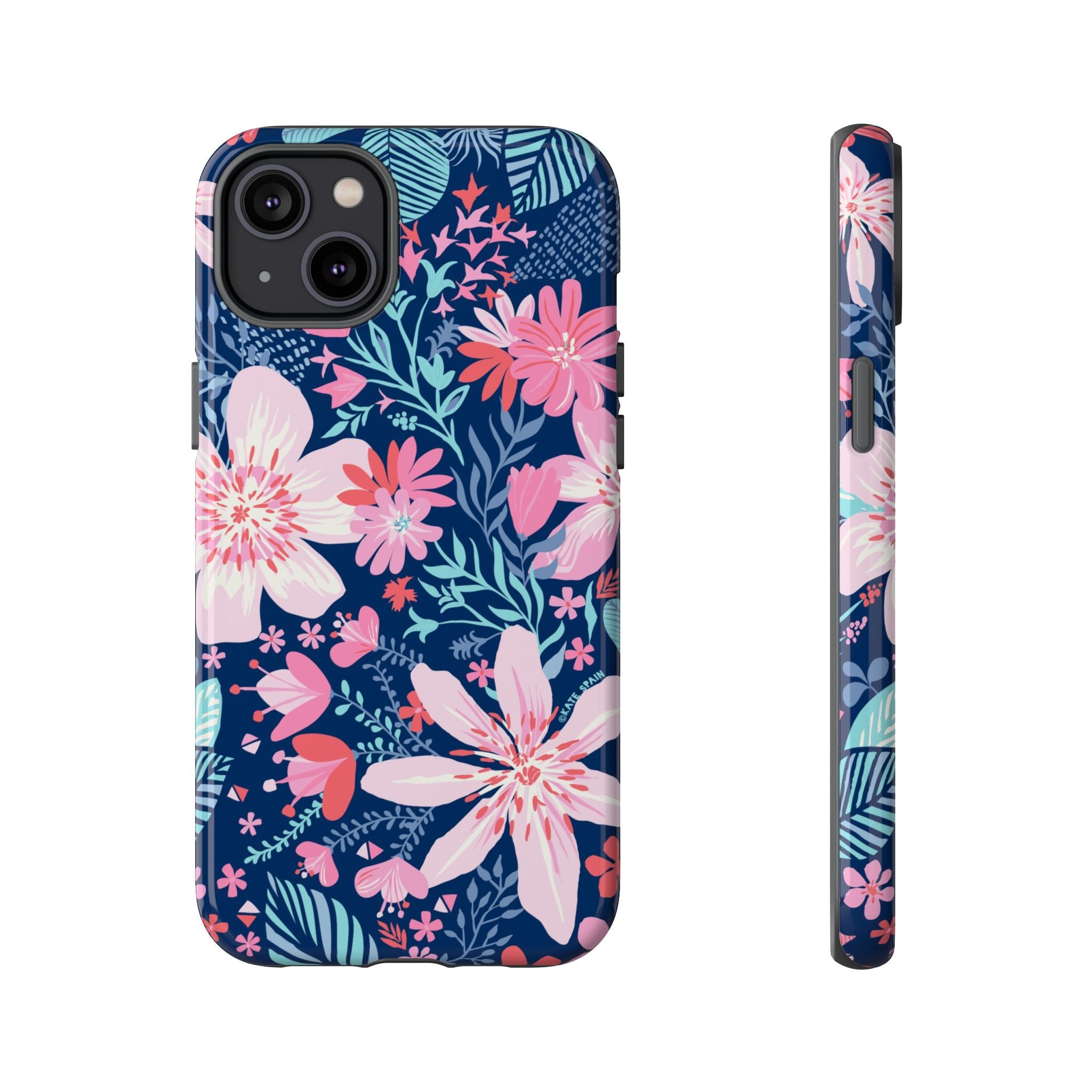 Bonaire Tough iPhone 14 Plus Case – Glossy | navy, pink, white tropical floral botanical print