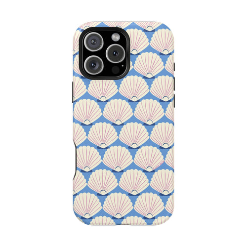 Seashells MagSafe iPhone 15 Pro Max Case – Glossy | periwinkle, cream scallop shell print MagSafe compatible, dual-layer protection