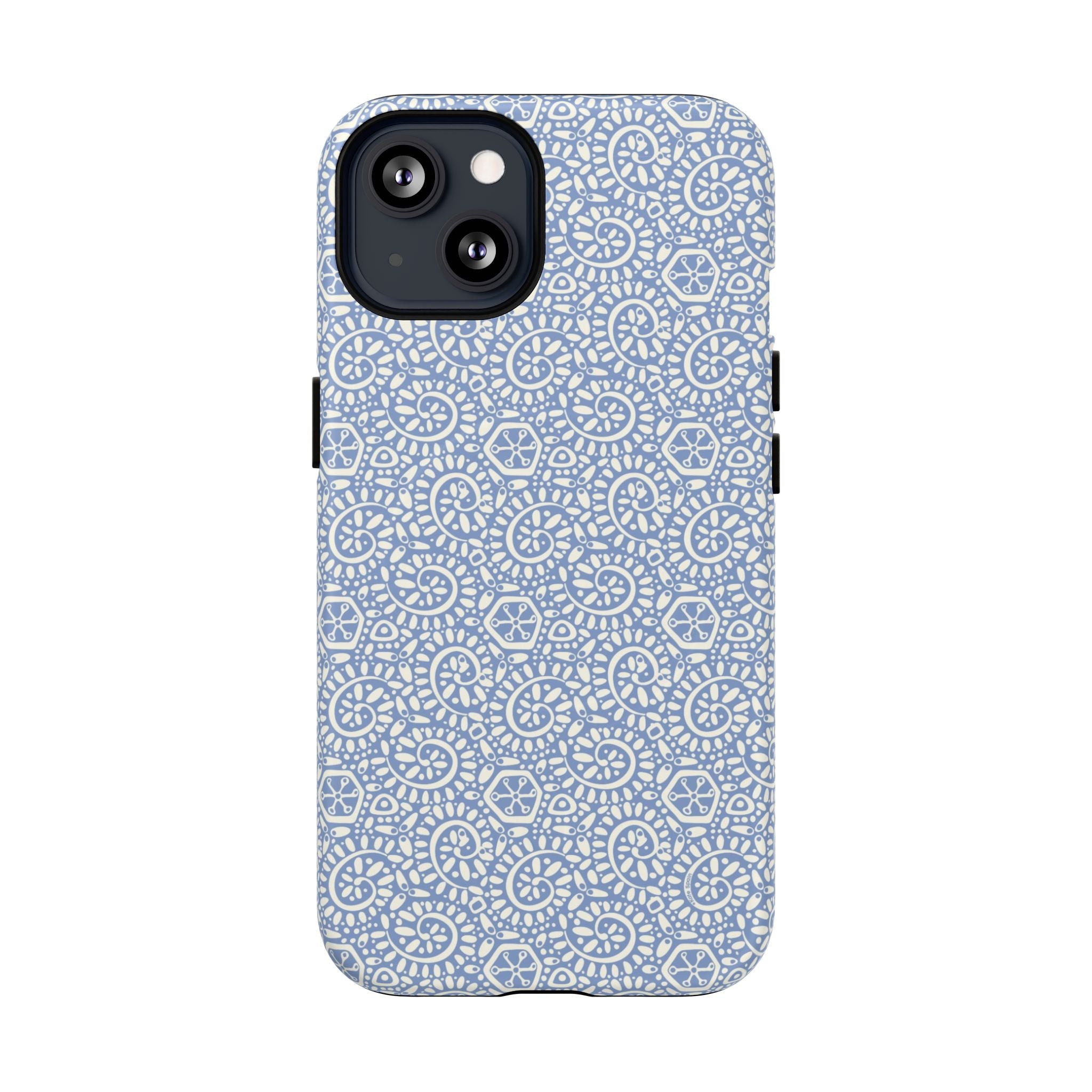 Canto Swirls Mist MagSafe iPhone 13 Matte Case — periwinkle blue hard case covered in an intricate folk-art medallion pattern of radiating white circular motifs, dot clusters, and geometric centers