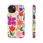 Happy Blooms Tough iPhone 14 Plus Case – Matte | cream, red, magenta, coral botanical floral print