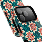 Modern Dahlia MagSafe iPhone 17 Pro Max Glossy Case – lifestyle angled view of button, ports, and camera cutout | teal, coral, cream botanical dahlia floral print