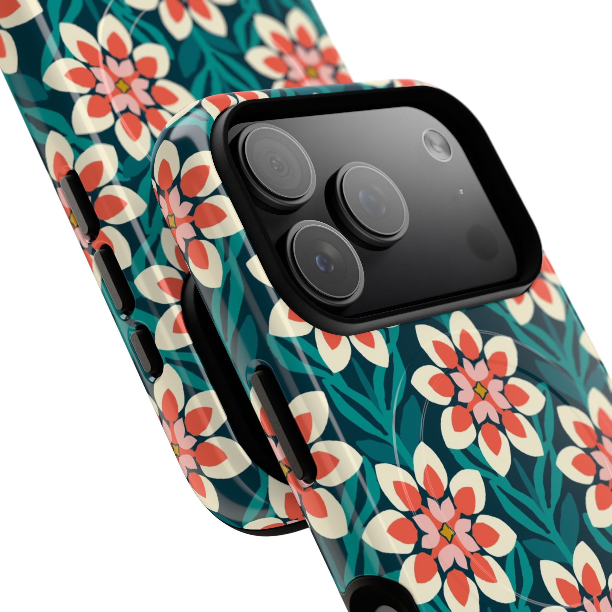 Modern Dahlia MagSafe iPhone 17 Pro Max Glossy Case – lifestyle angled view of button, ports, and camera cutout | teal, coral, cream botanical dahlia floral print
