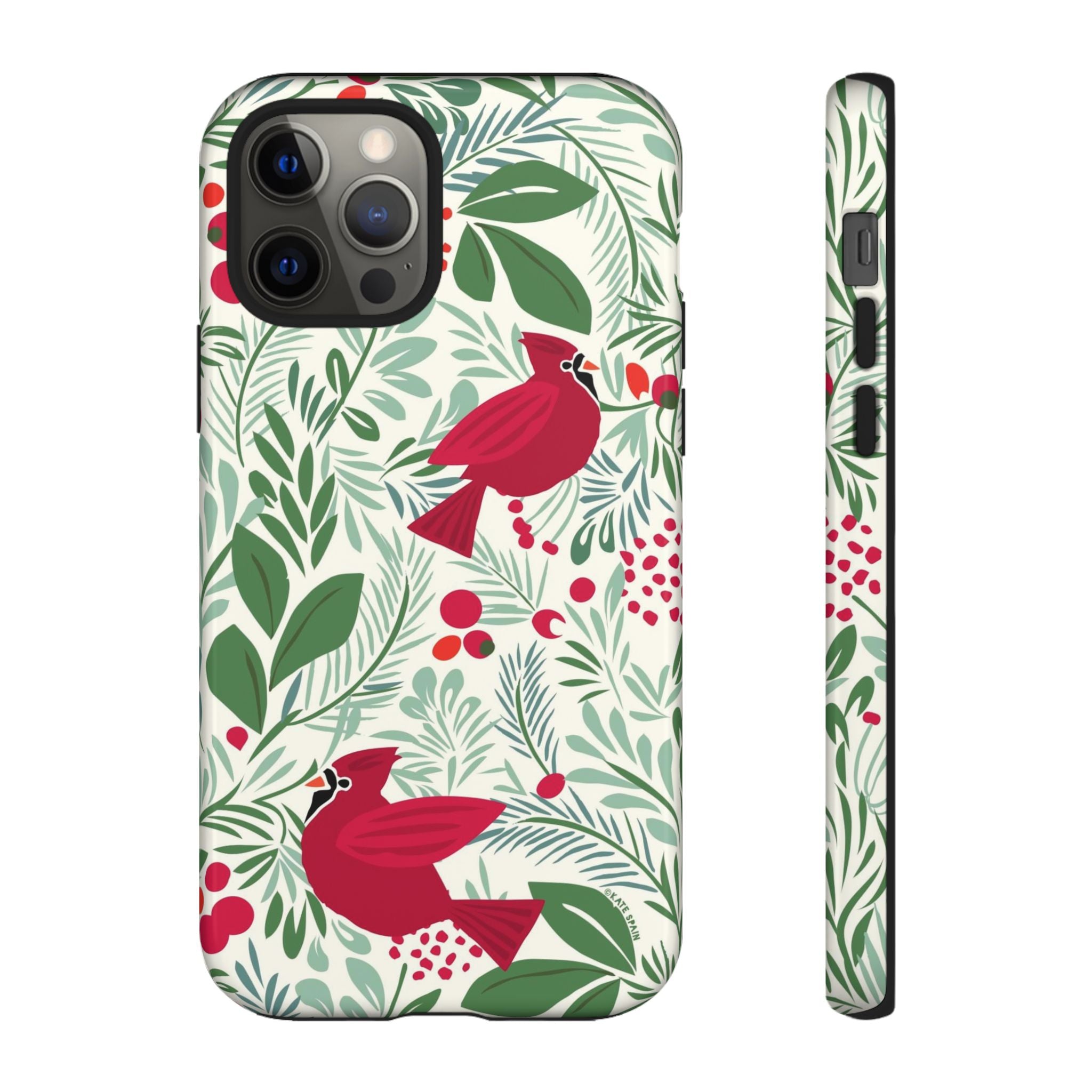 Birds and Berries Tough iPhone 12 Pro Case – Glossy | cream, red, green botanical cardinal berry print