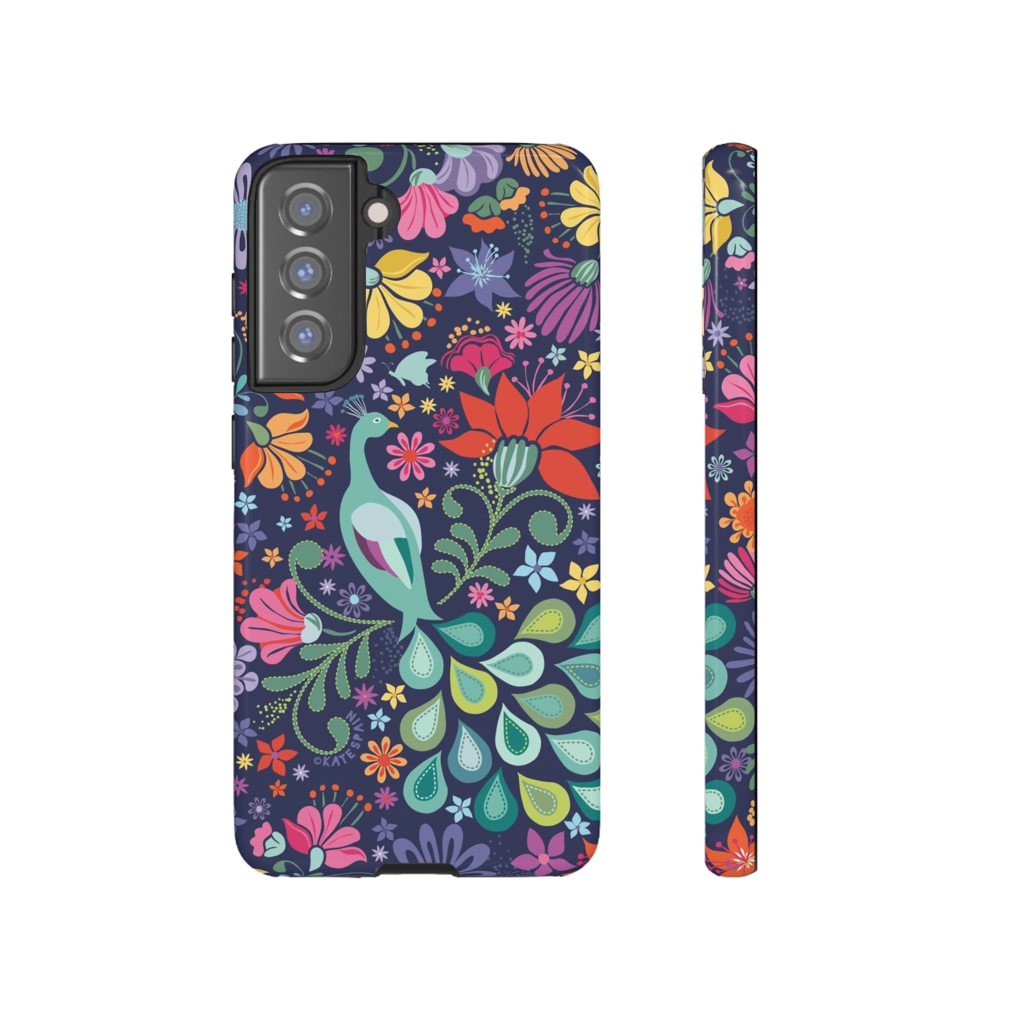 Luxury Peacock Sanctuary Samsung Galaxy S21 FE Case – Glossy | navy, teal, coral multicolor vibrant peacock feather botanical print