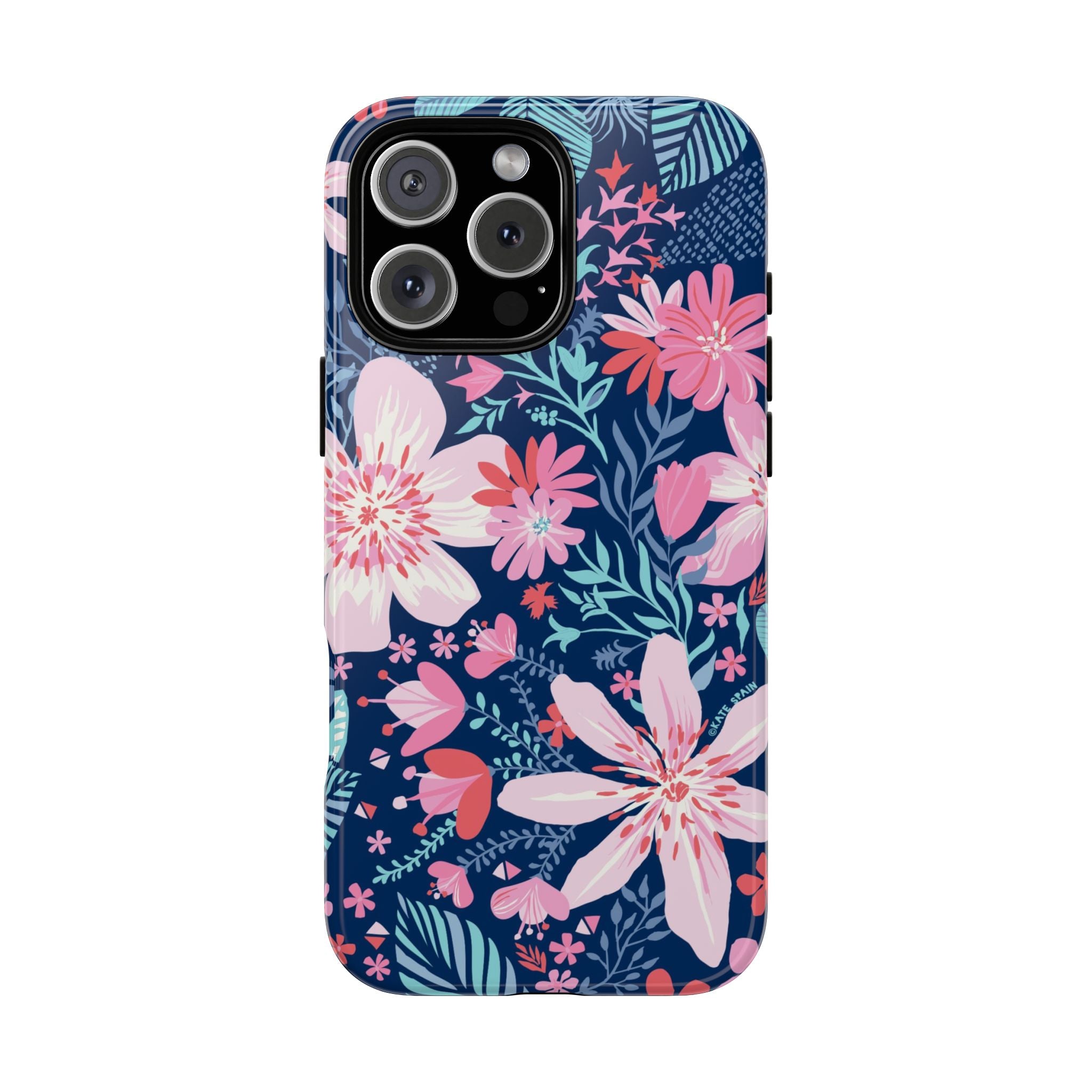 Bonaire Tough iPhone 16 Pro Case – Matte | navy, pink, white tropical floral botanical print
