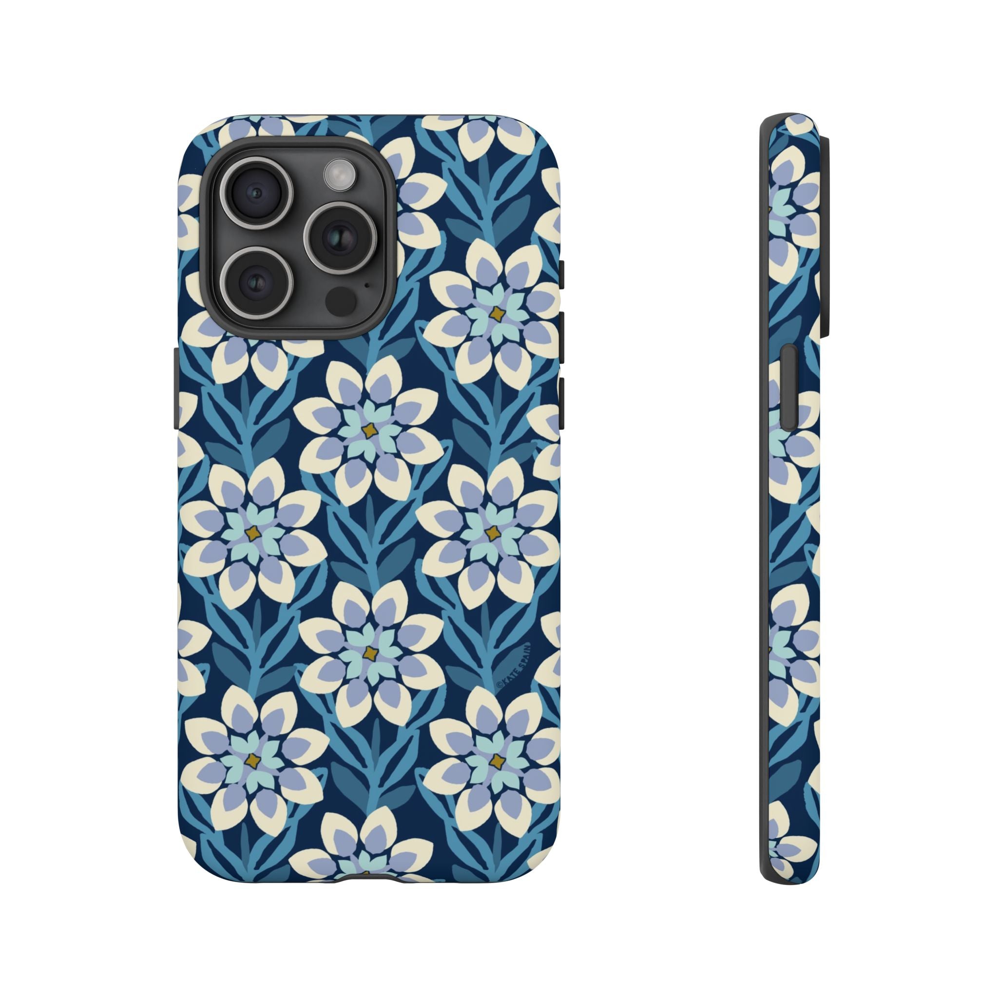 Designer Modern Dahlia Tough iPhone 15 Pro Max Case – Matte | navy, cobalt, white dahlia floral print