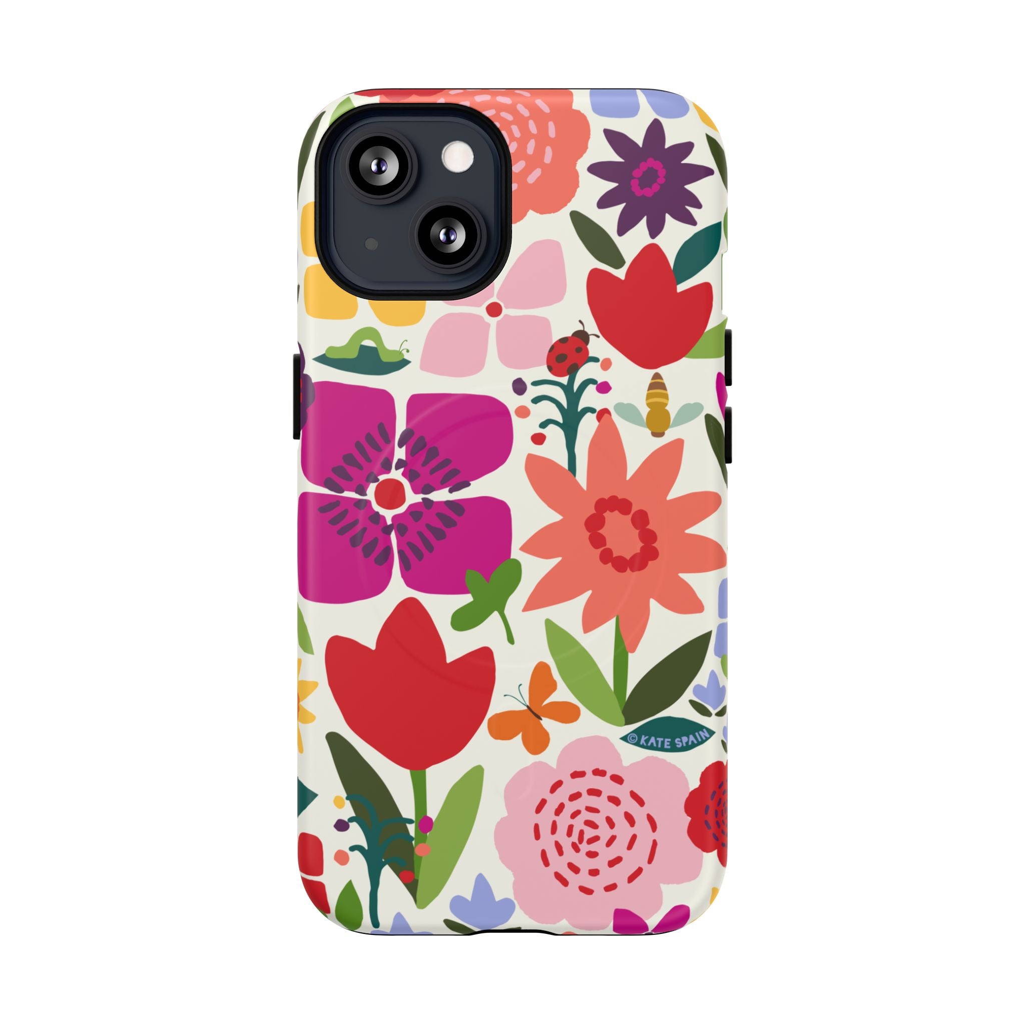Happy Blooms MagSafe iPhone 13 Case – Matte | cream, red, magenta, coral botanical floral print