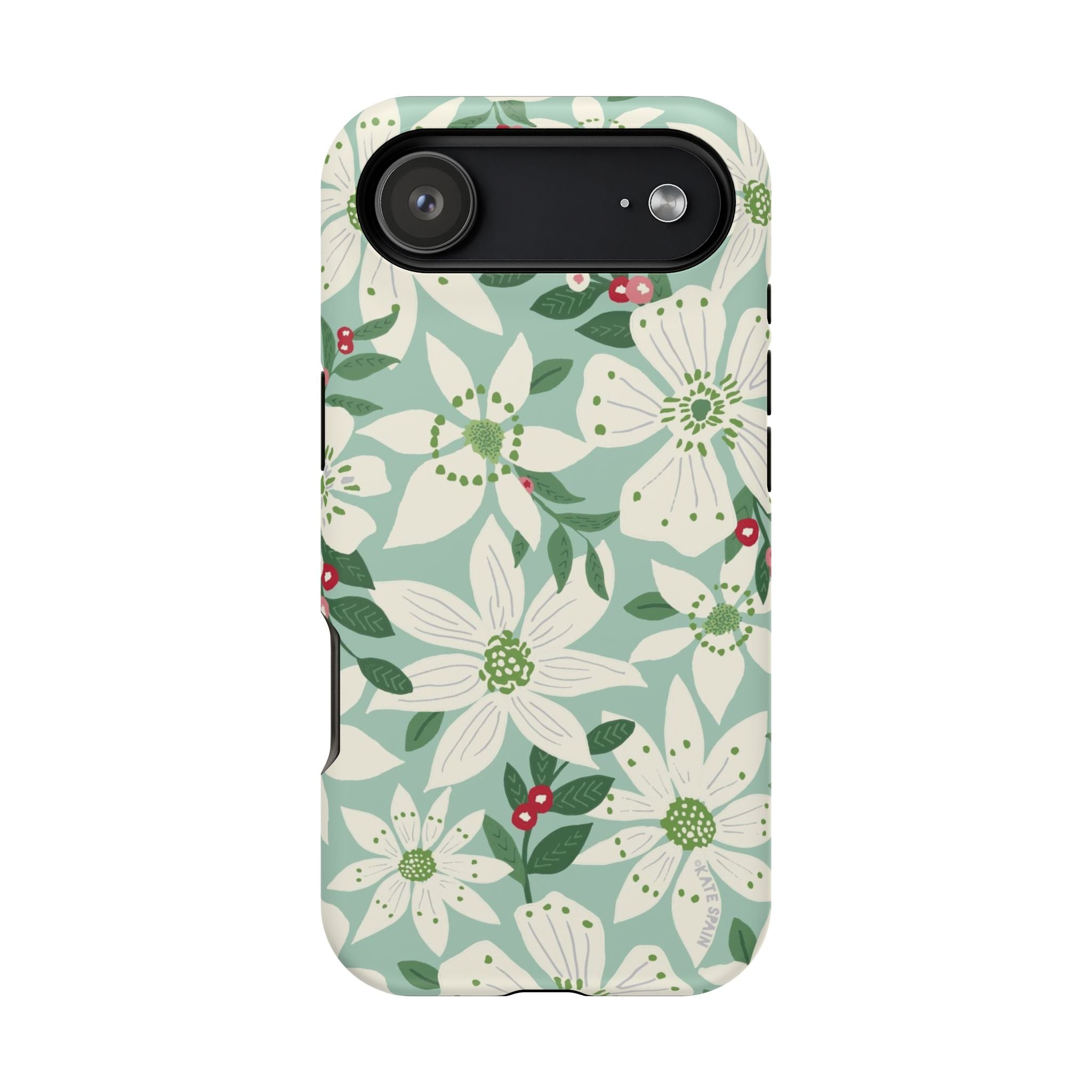Gardenia MagSafe iPhone 17 Air Case – Matte | light blue, white, green, red gardenia botanical print MagSafe compatible, dual-layer protection