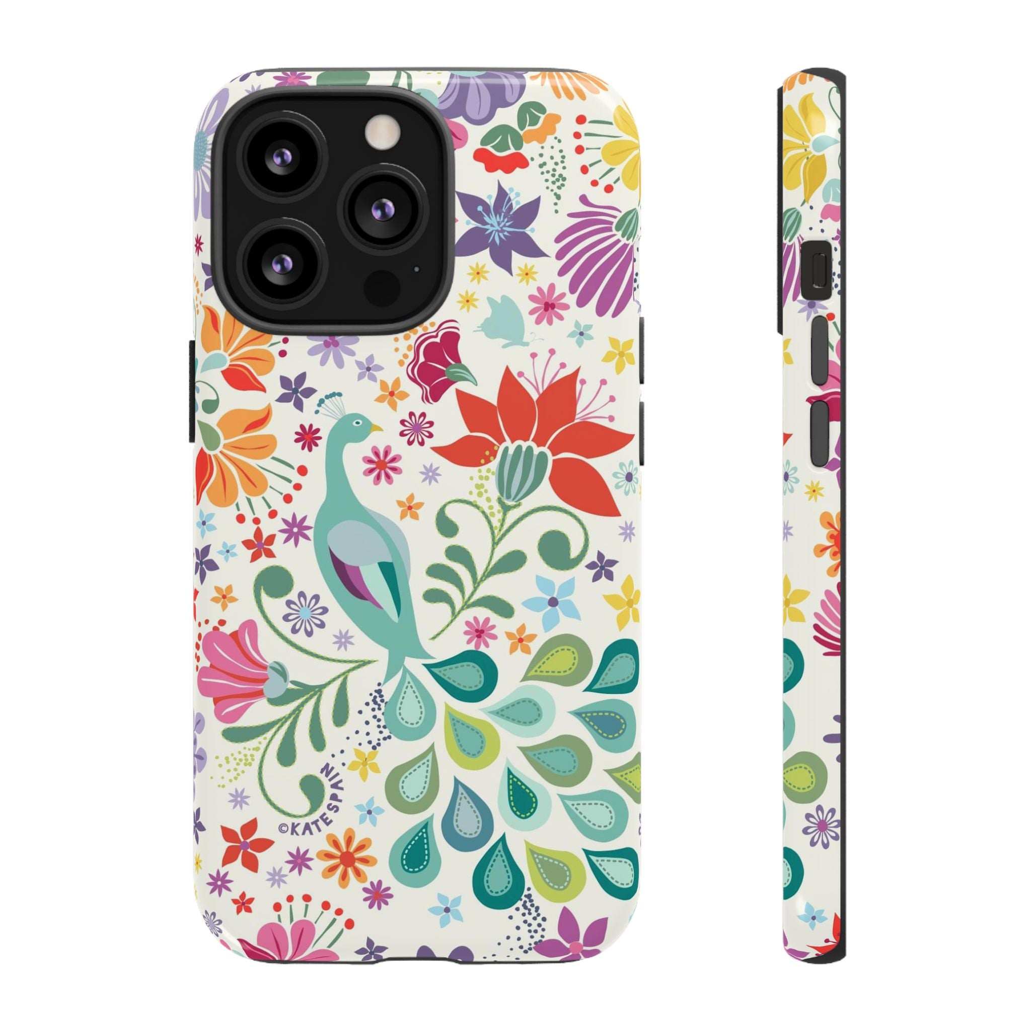 Peacock Sanctuary Tough iPhone 13 Pro Case – Glossy | white, teal, coral multicolor vibrant peacock feather botanical print
