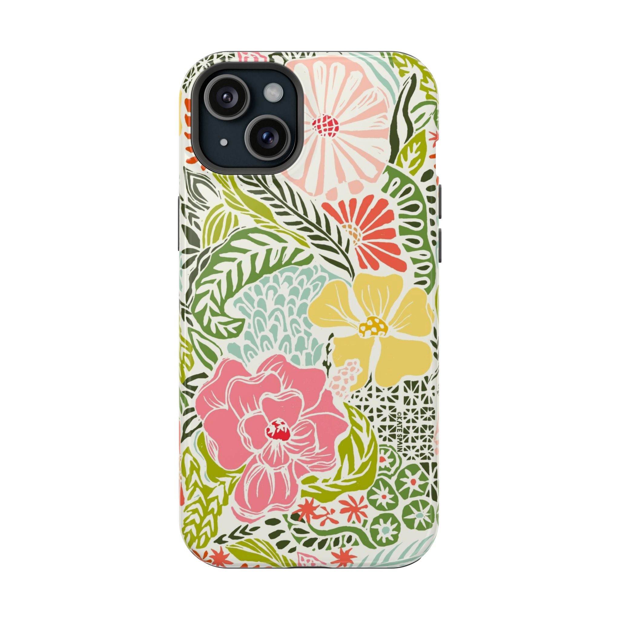 Tropica MagSafe iPhone 15 Plus Case – Glossy | cream, pink, yellow, blue botanical floral print MagSafe compatible, dual-layer protection