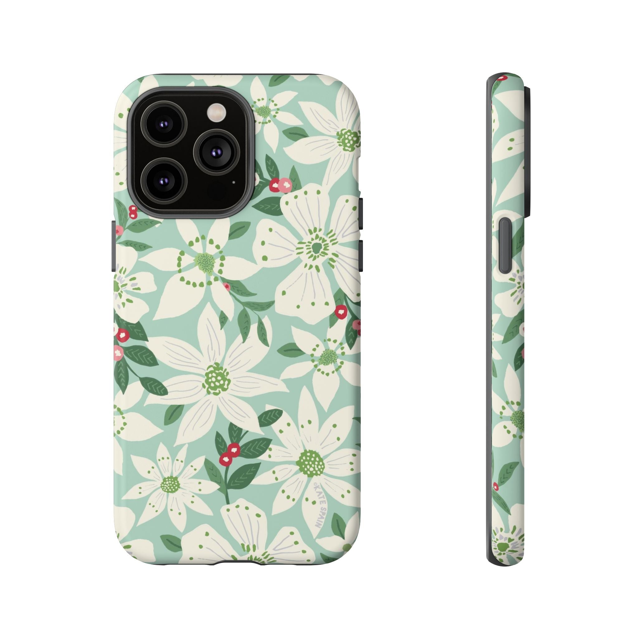 Gardenia Tough iPhone 14 Pro Max Case – Matte | light blue, white, green, red gardenia botanical print