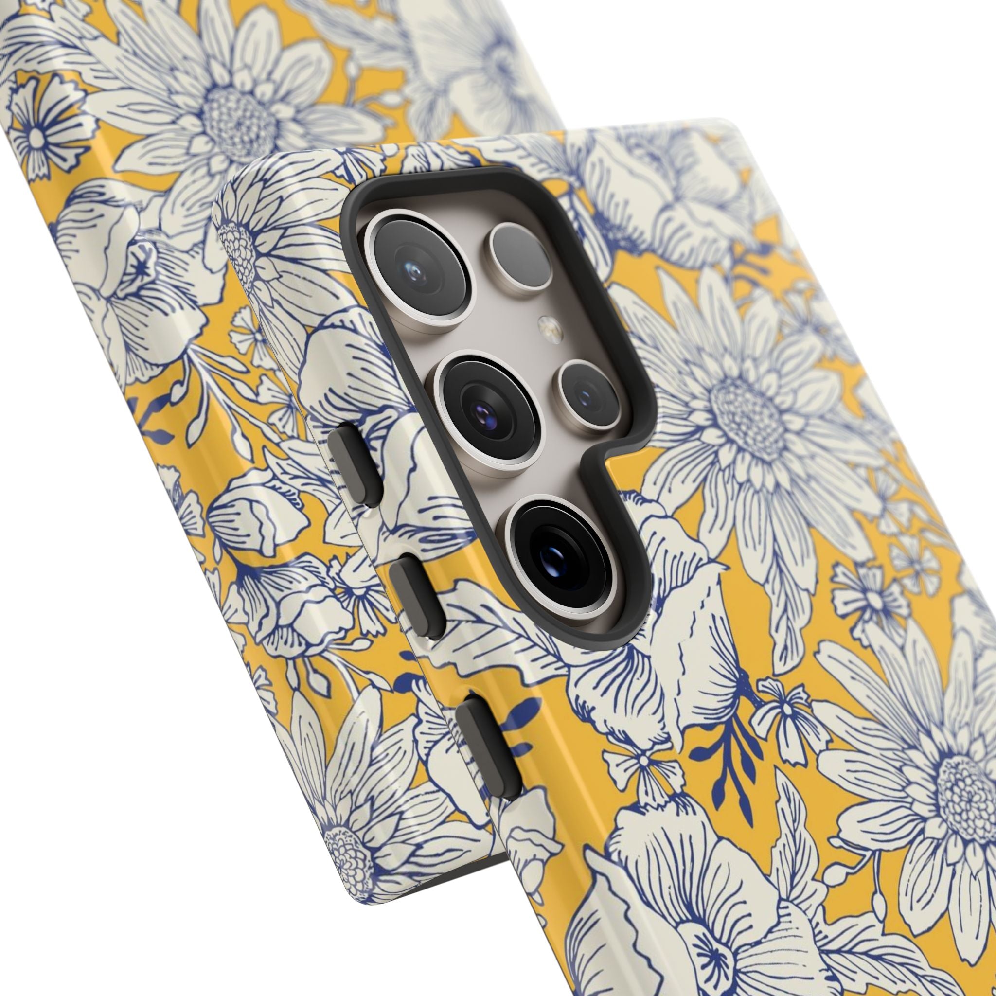 Luxury Jardin Samsung Galaxy S24 Ultra Case – Glossy |  close-up of 5 lenses in camera cutout in case in yellow, cream, blue botanical floral print