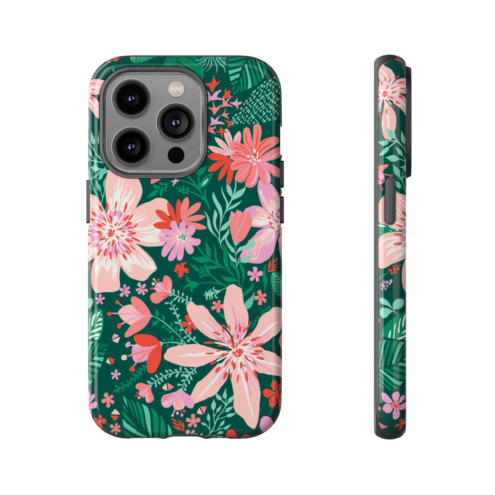 Bonaire Tough iPhone 14 Pro Case – Glossy | jade, pink, white tropical floral botanical print