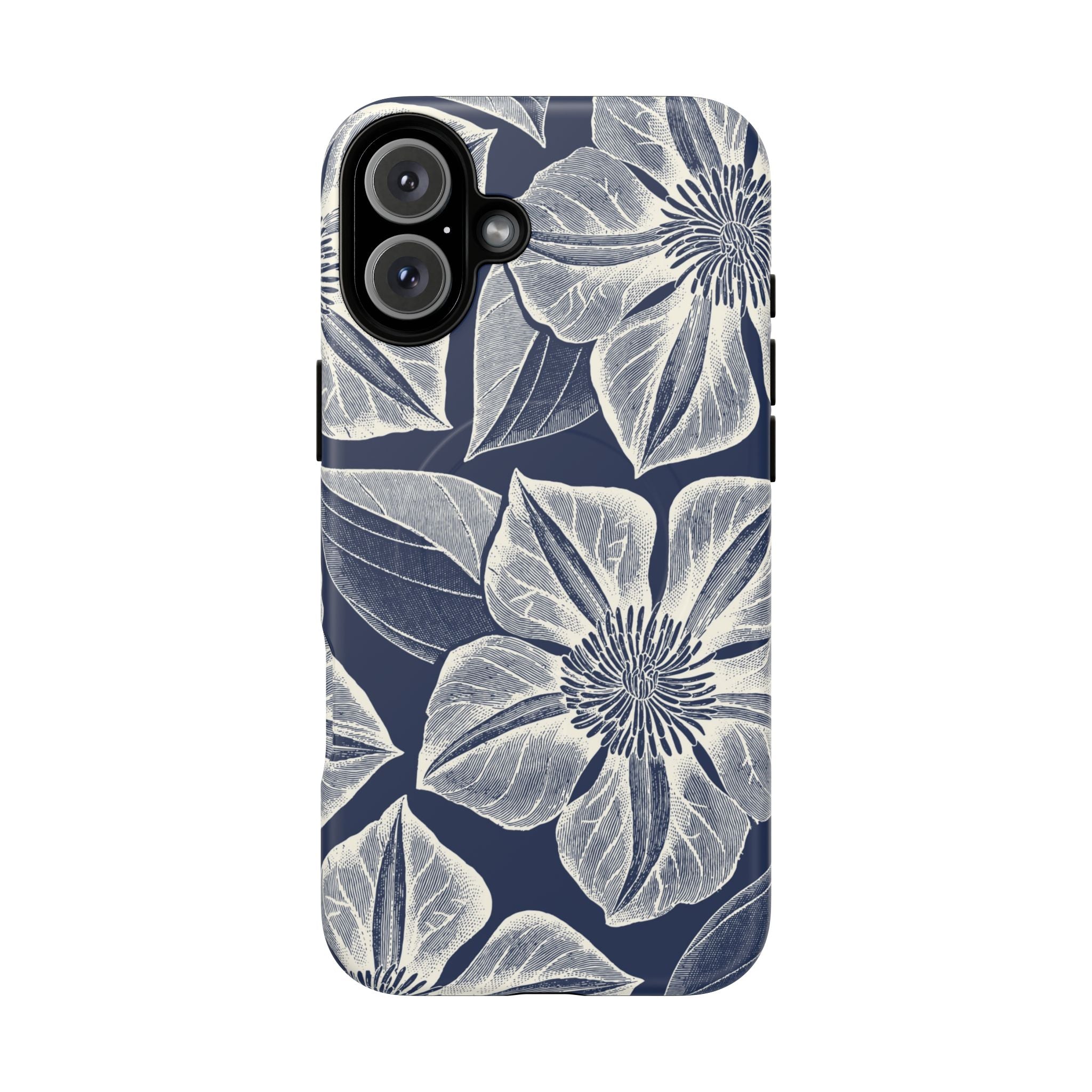Vintage Bloom Navy MagSafe iPhone 17  Case – Glossy | navy ground, large-scale white clematis print, engraved petal detail, dual-layer protection