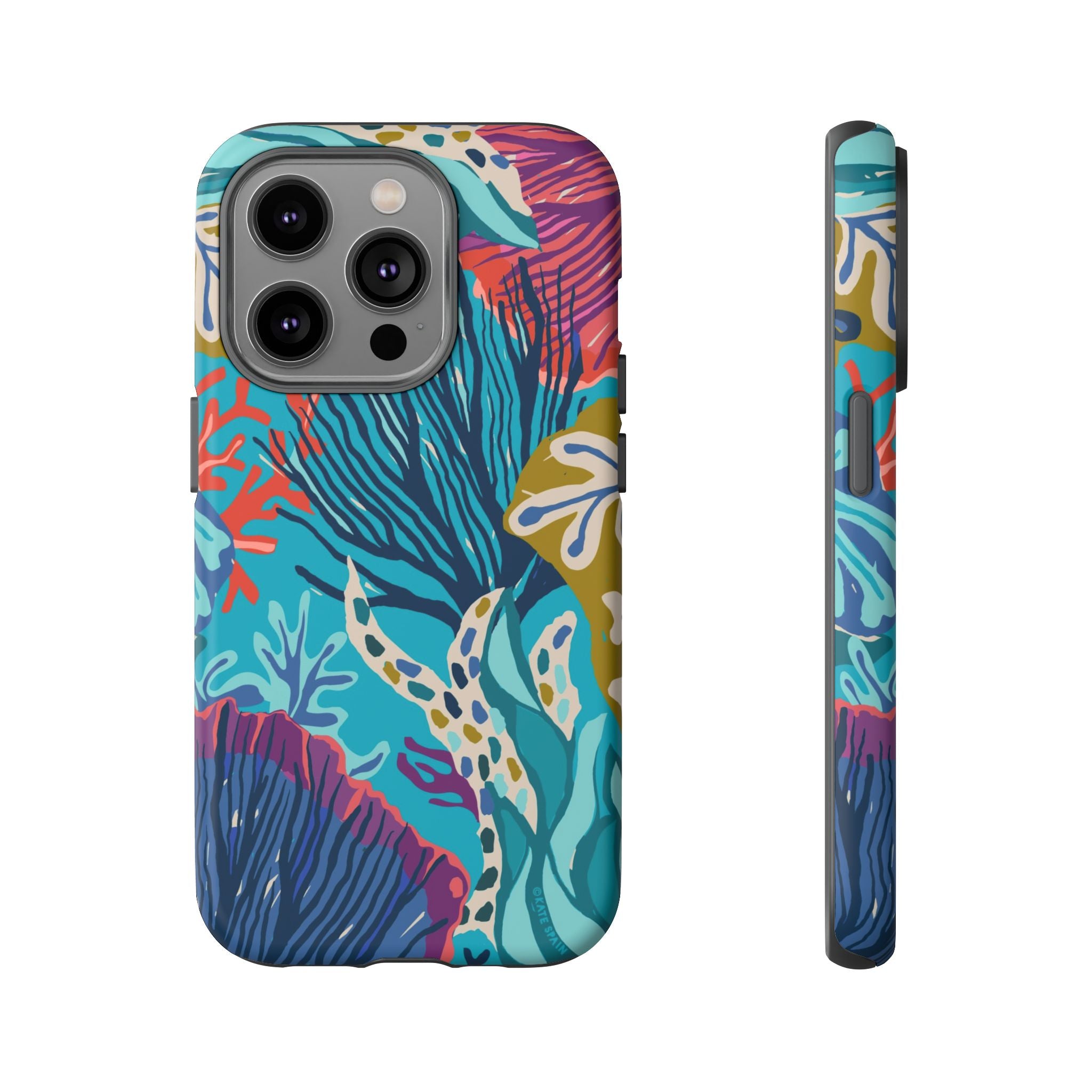 Reef Tough iPhone 14 Pro Case – Matte | teal, coral, navy, purple botanical coral reef print