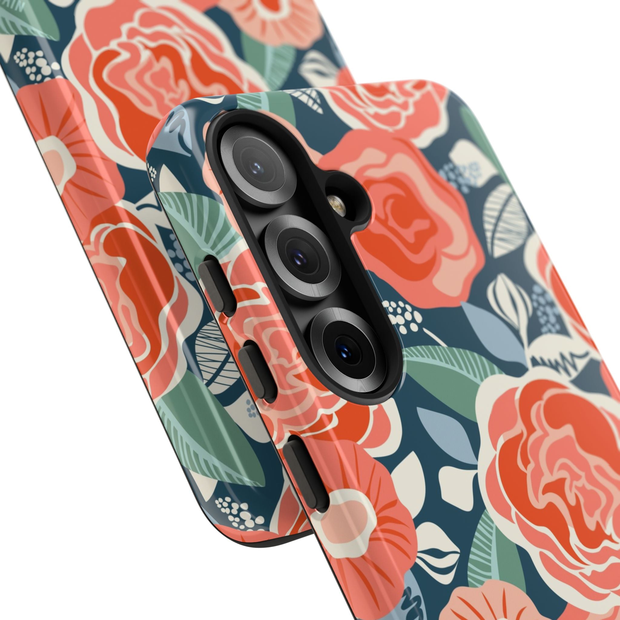 Luxury Tea Rose Navy Samsung Galaxy S25  – Glossy | Close-up of 3 lenses of case in navy, coral, peach botanical rose floral print