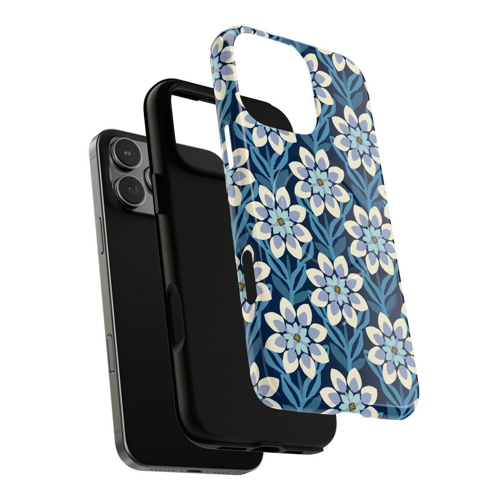 Modern Dahlia MagSafe iPhone 16 Pro Max Case – angled detail view showing camera cutout and MagSafe ring | navy, slate blue, white geometric dahlia tile floral print
