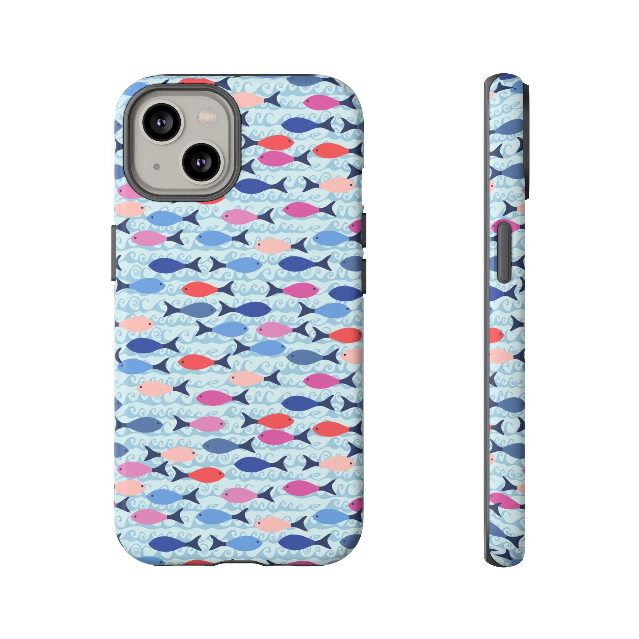 Summer Minnows Tough iPhone 14 Case – Matte | navy, coral, pink, and periwinkle fish on a pale aqua ground