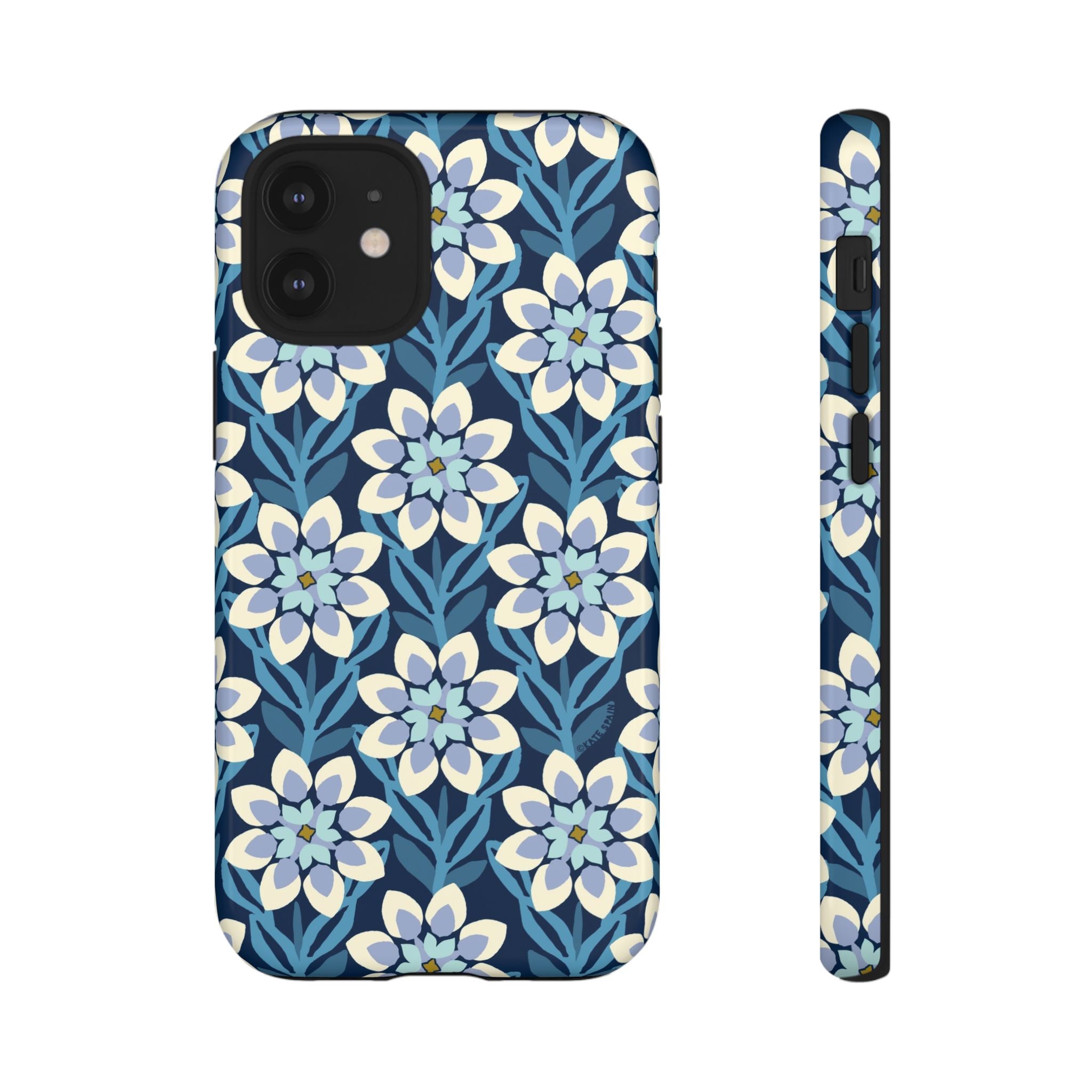 Designer Modern Dahlia Tough iPhone 12 Mini Case – Glossy | navy, cobalt, white dahlia floral print
