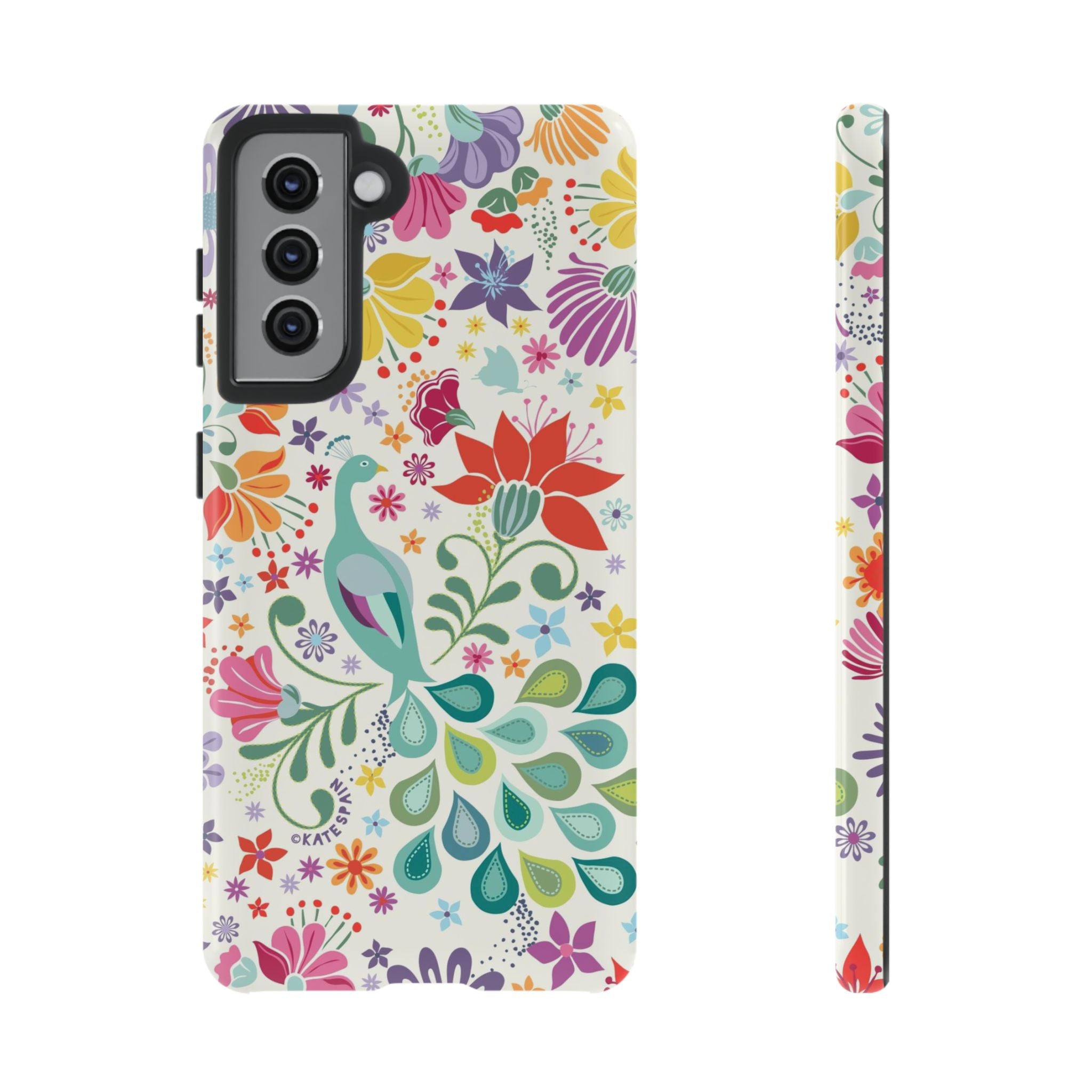 Luxury Peacock Sanctuary Samsung Galaxy S21 Case – Glossy | white, teal, coral multicolor vibrant peacock feather botanical print