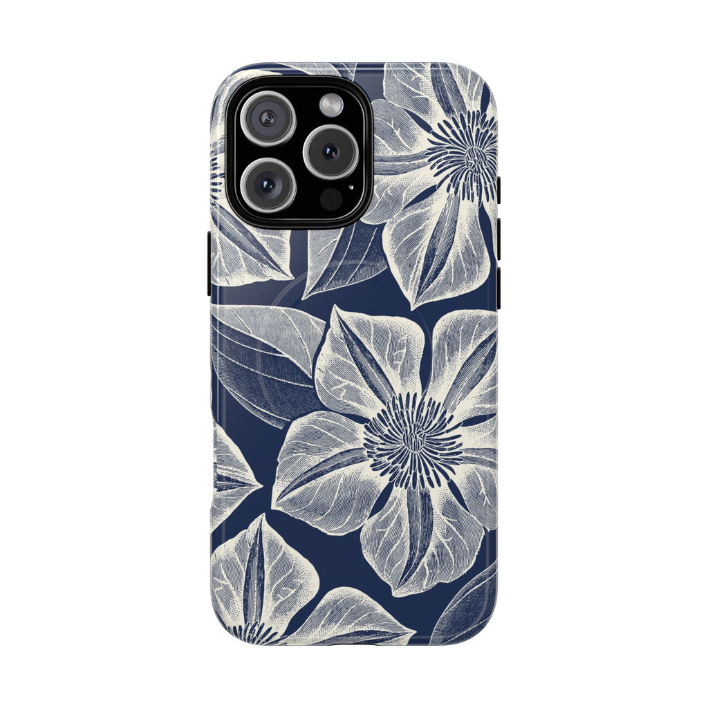 Vintage Bloom Navy MagSafe iPhone 16 Pro Max Case – Glossy | navy ground, large-scale white clematis print, engraved petal detail, dual-layer protection