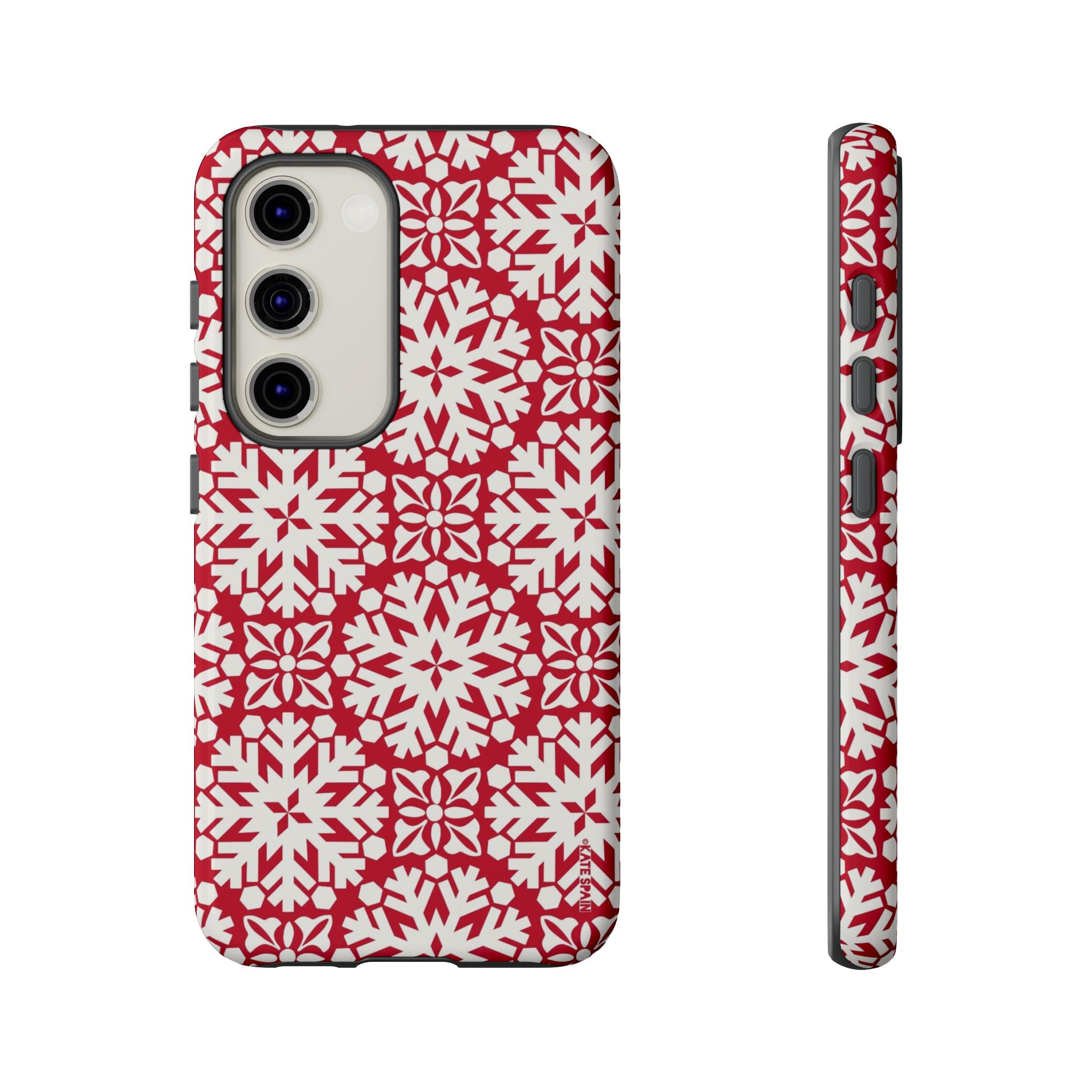 Flurry Samsung Galaxy S23 Case – Glossy | white, red geometric snowflake tile print