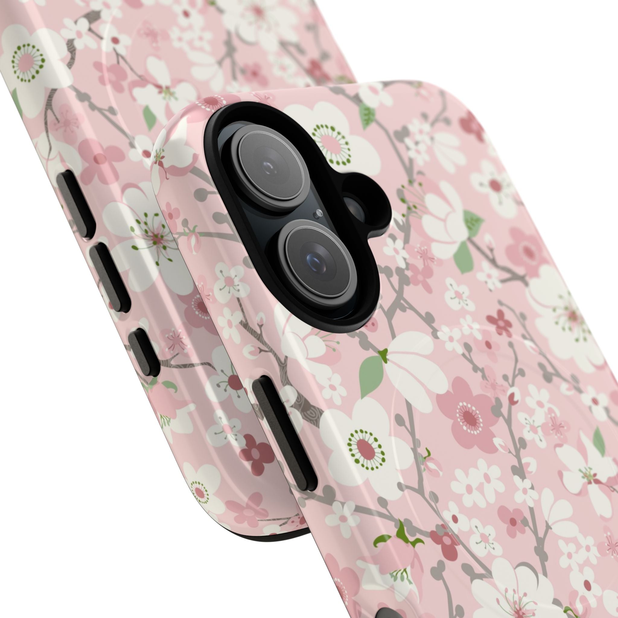 Luxury Pink Cherry Blossom MagSafe iPhone 16 Case – detail view of 2 lenses in camera | light pink, white, cherry blossom floral print