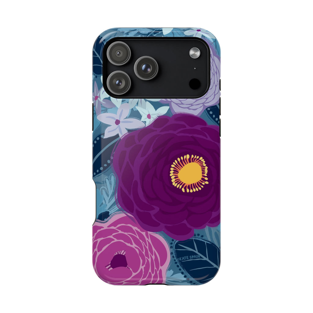 Bloomerie MagSafe iPhone 17 Pro Max Case – Glossy | navy, purple, magenta botanical peony floral print